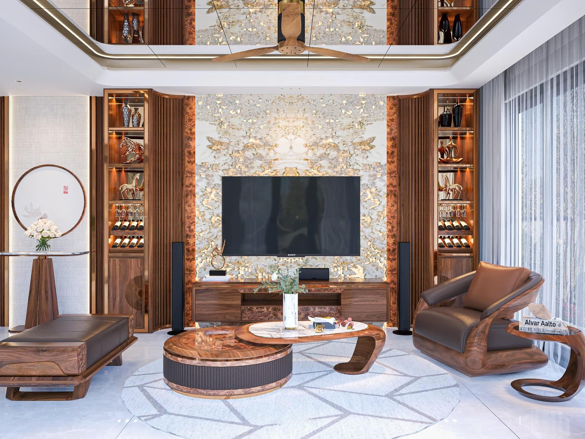 Mẫu tủ rượu phòng khách gỗ óc chó hoặc gỗ sồi viền mạ vàng đồng sang trọng