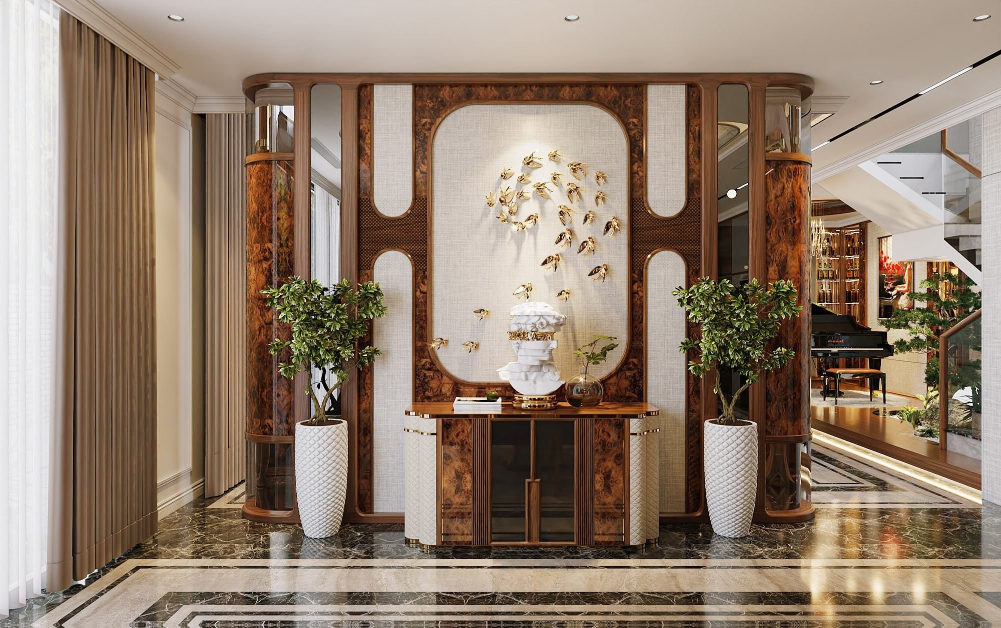 Mẫu vách ngăn bếp gỗ tự nhiên màu nâu trầm với thiết kế vòm cung và kệ tủ trang trí