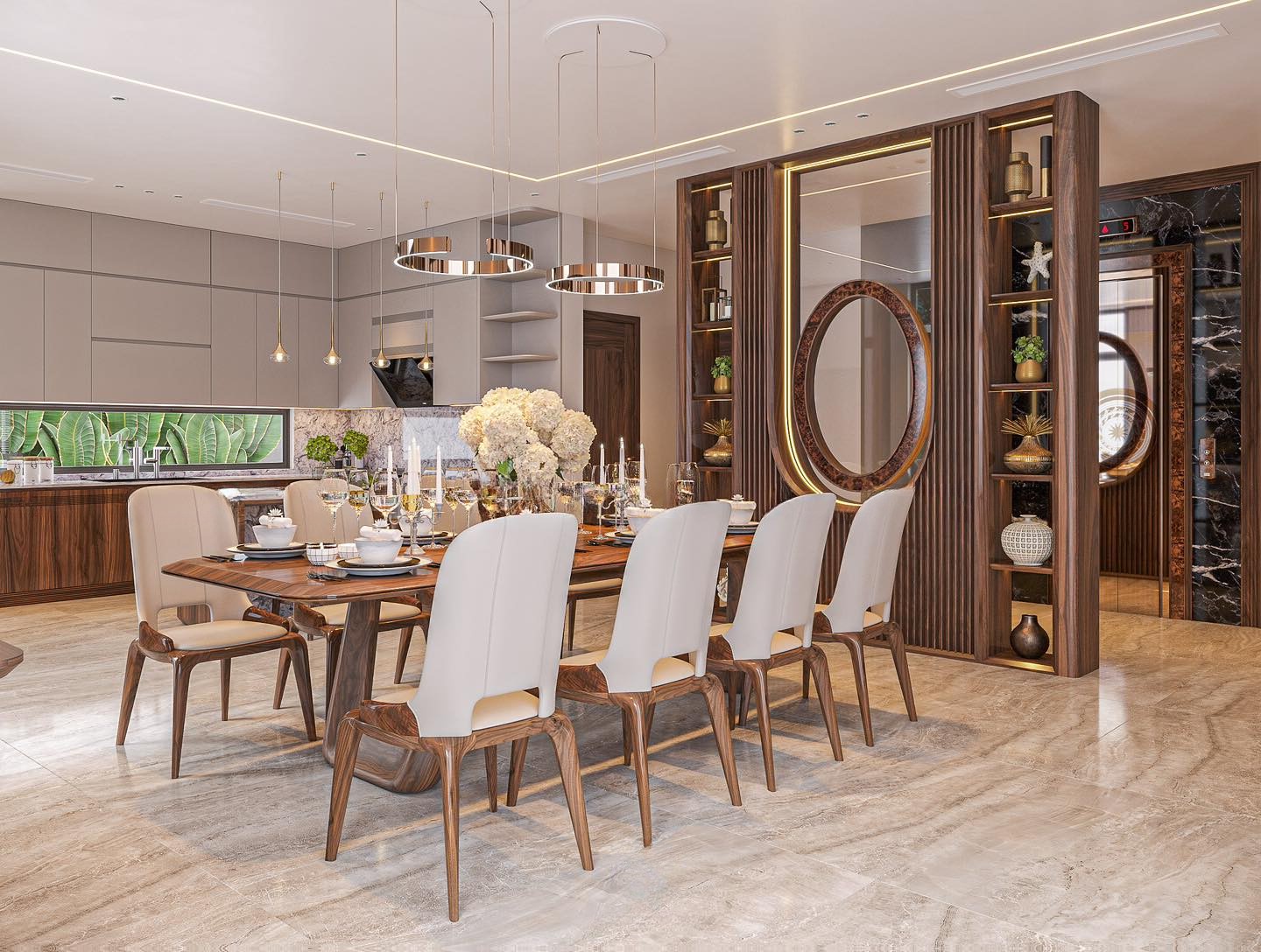 Mẫu vách ngăn đẹp phòng bếp cao kịch trần khung gỗ óc chó với lam sóng vòm cung và kệ trang trí led