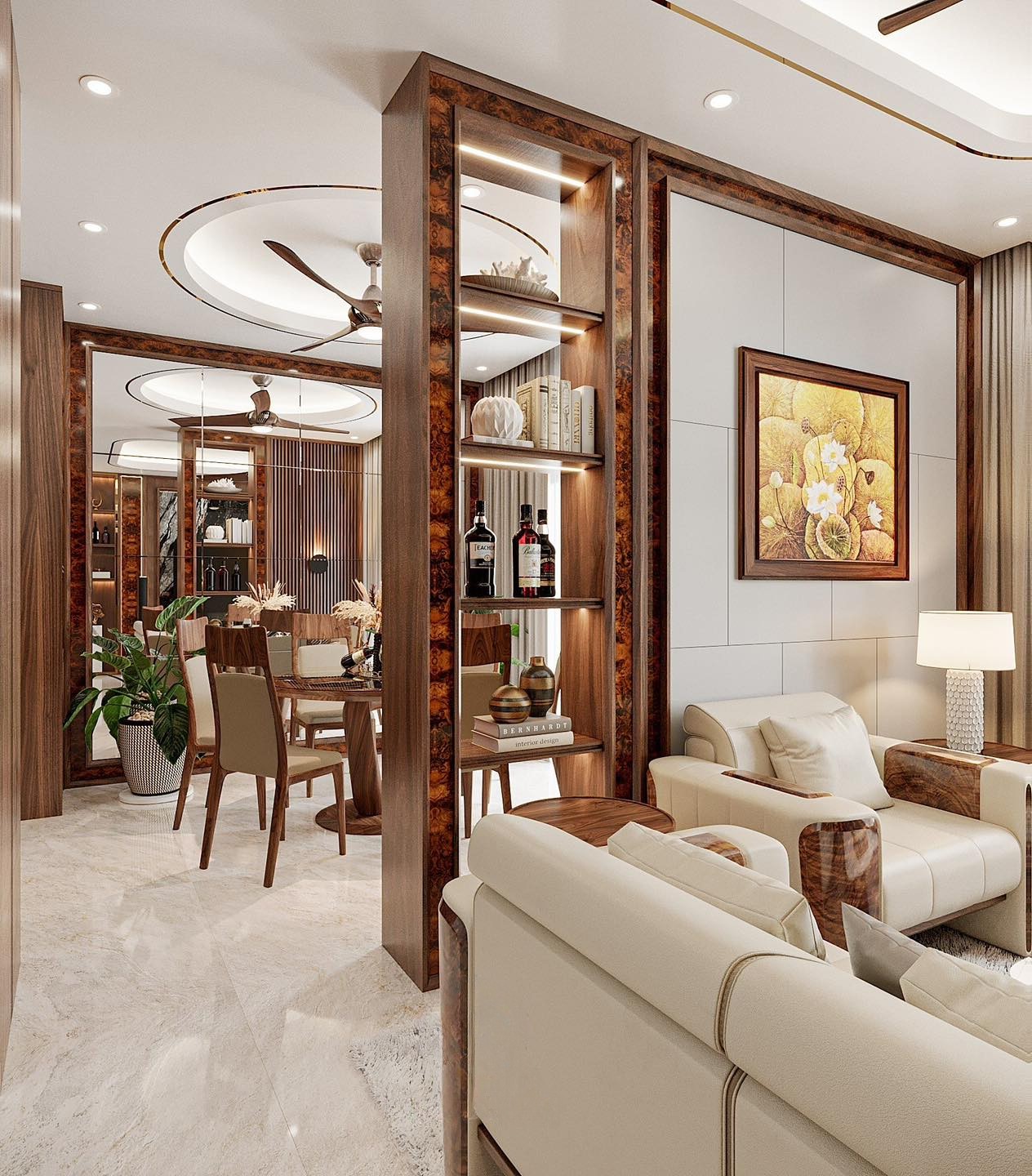 Mẫu vách ngăn phòng khách và phòng ăn hiện đại bằng gỗ MDF phủ melanite nâu trầm