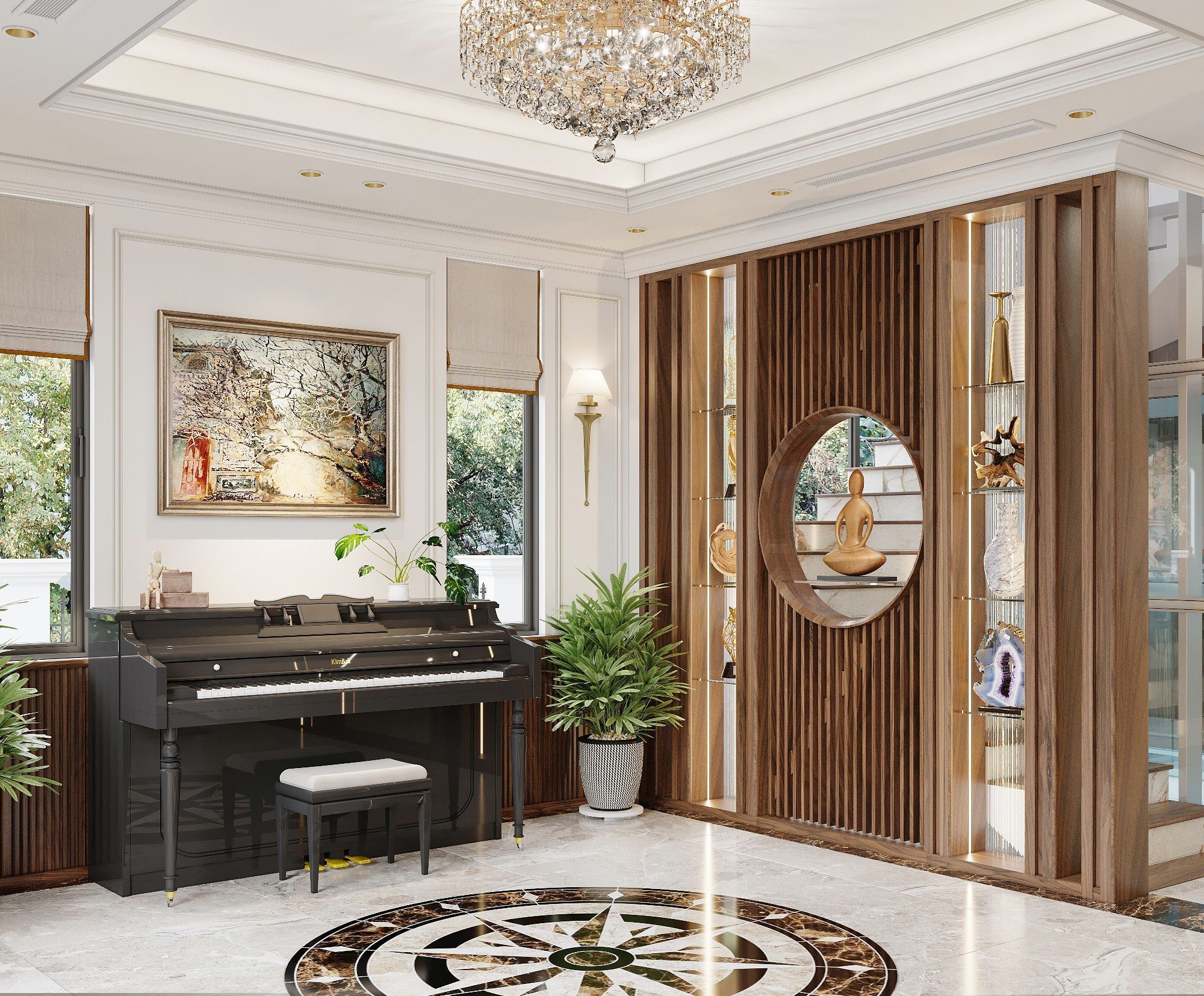 Mẫu vách ngăn giữa phòng khách và cầu thang với kệ kính và lam sóng