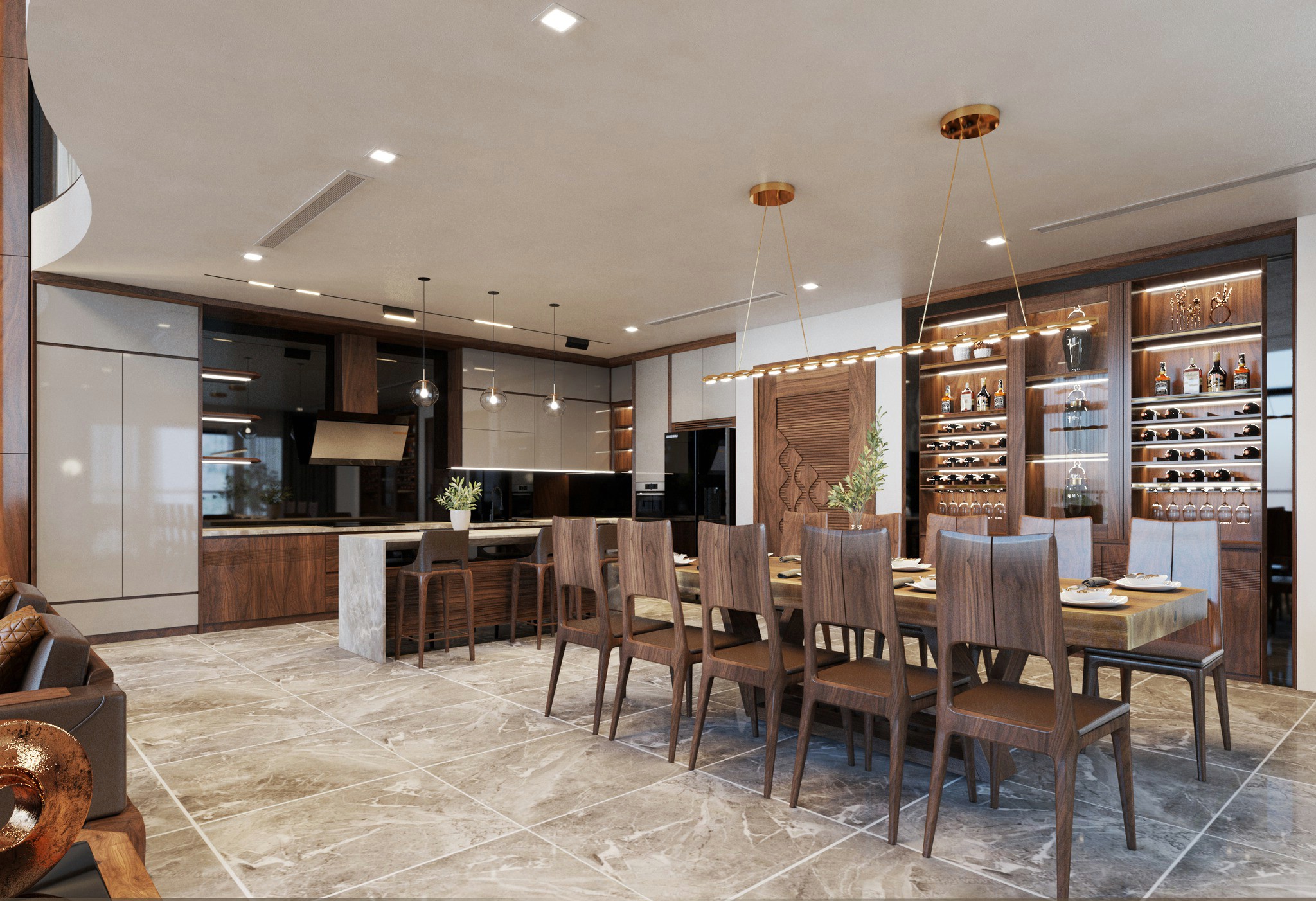 Nội thất biệt thự gỗ óc chó cao cấp với tủ bếp, quầy bar, tủ rượu và bàn ăn nguyên khối