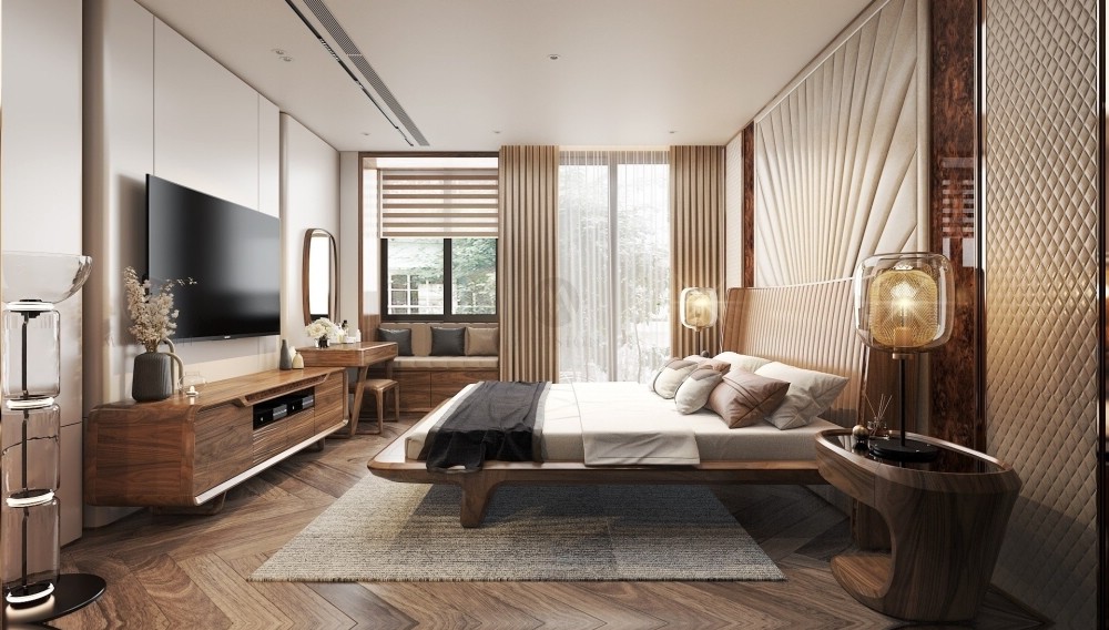 Nội thất giường ngủ gỗ óc chó với tựa đầu bọc da màu be kẻ sọc sang trọng