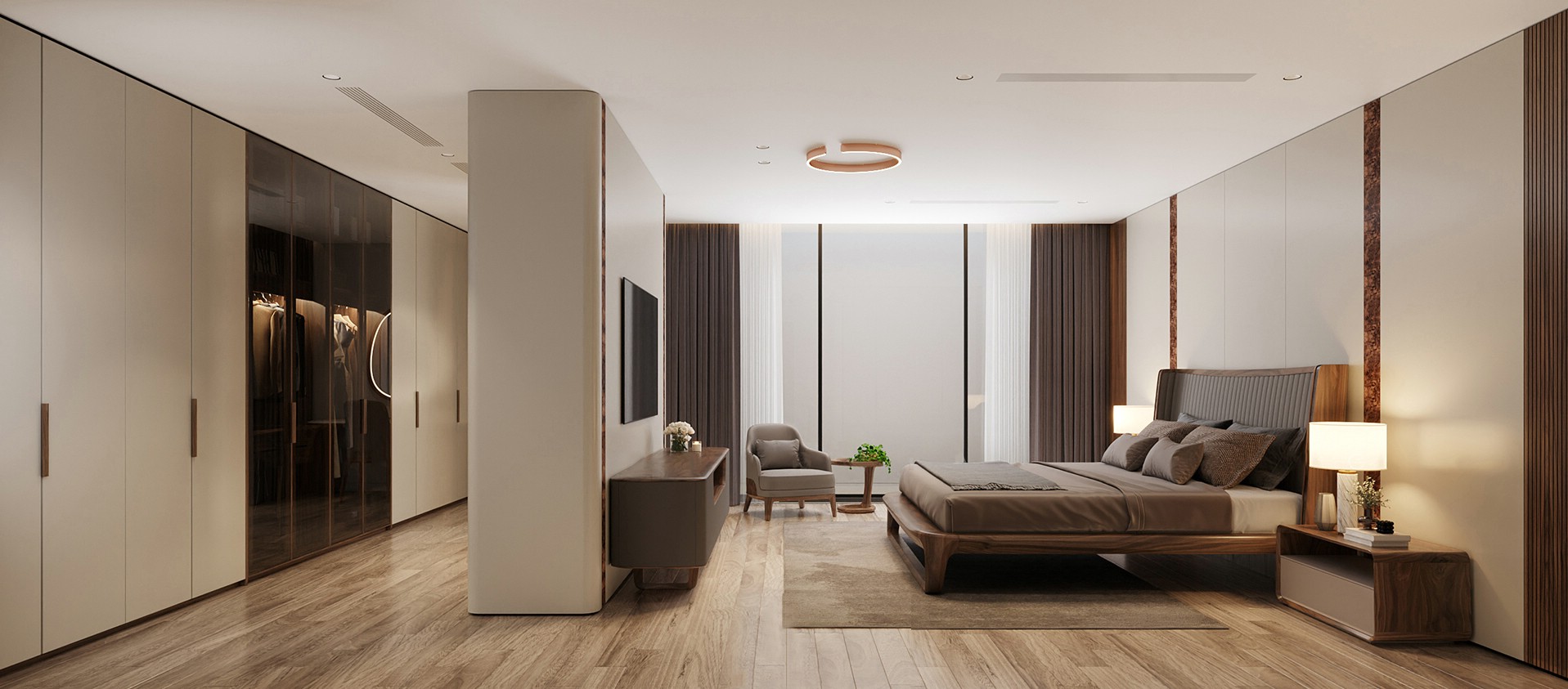 Nội thất gỗ óc chó kết hợp Laminate, giường da múi, kệ tivi, tủ áo kịch trần