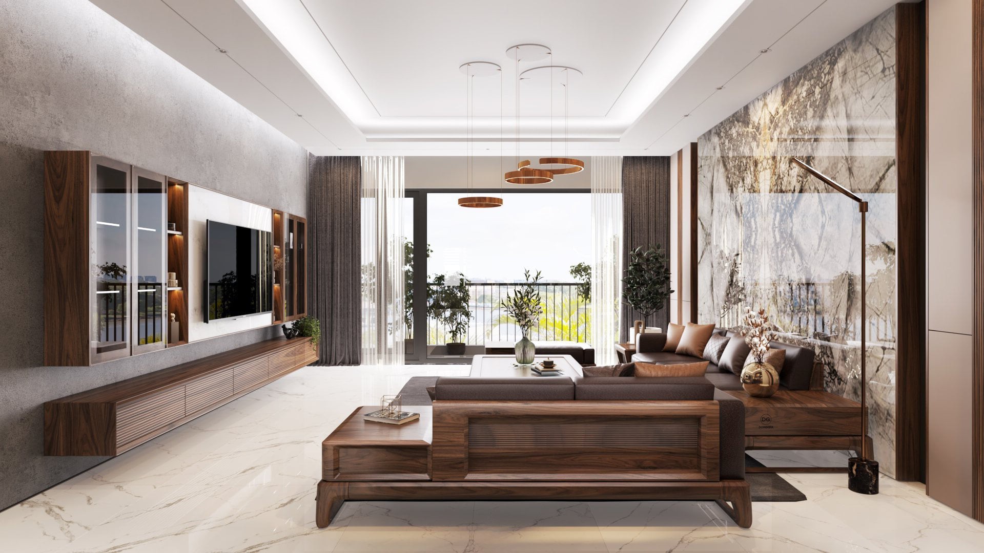 Nội thất phòng khách chung cư đẹp với bàn ghế gỗ óc chó và ốp tường PVC vân đá