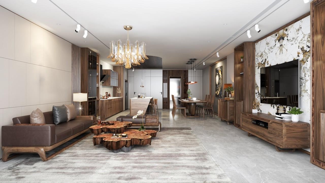 Nội thất phòng khách chung cư với sofa gỗ và bàn trà thân cây độc đáo