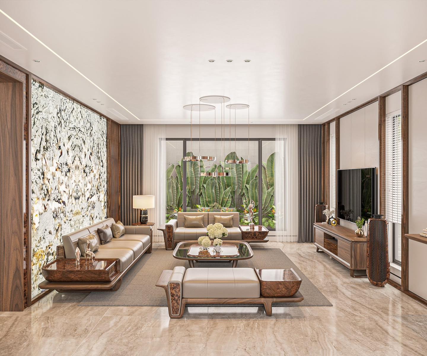 Nội thất phòng khách gỗ óc chó hiện đại và sang trọng