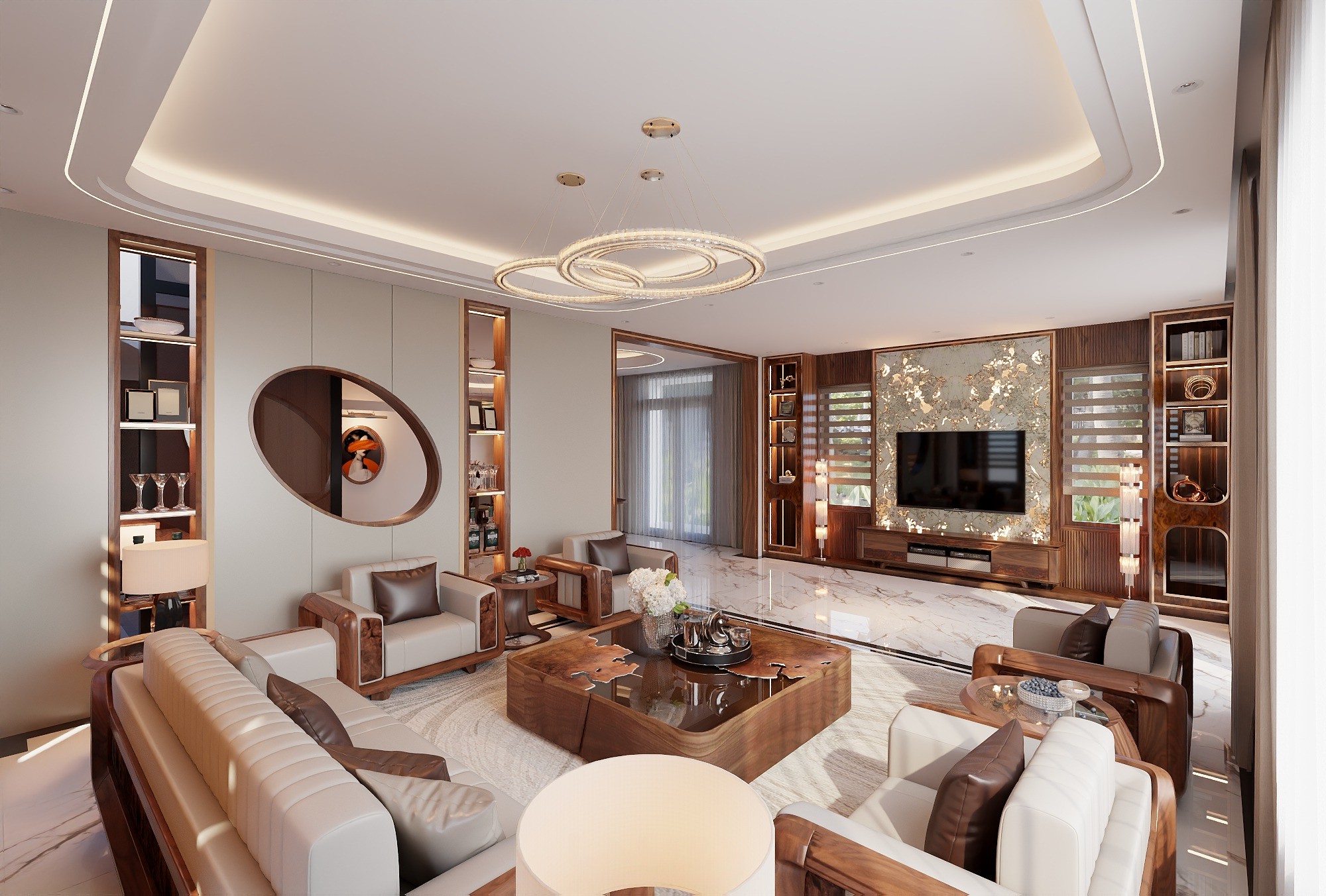 Nội thất phòng khách gỗ hiện đại với sofa gỗ, kệ tivi và vách ngăn trang trí sang trọng