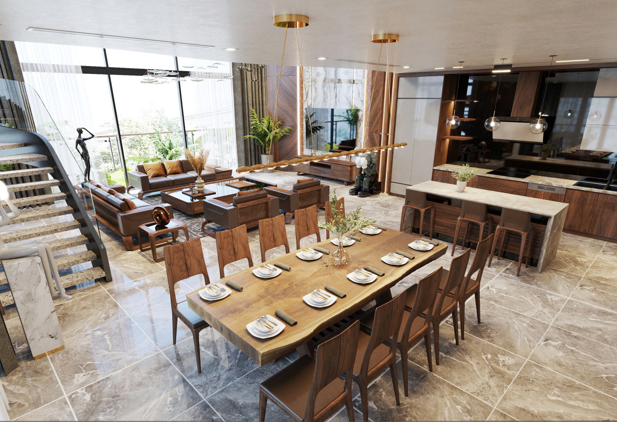 Nội thất phòng khách và bếp hiện đại với sofa gỗ và bàn ăn nguyên tấm