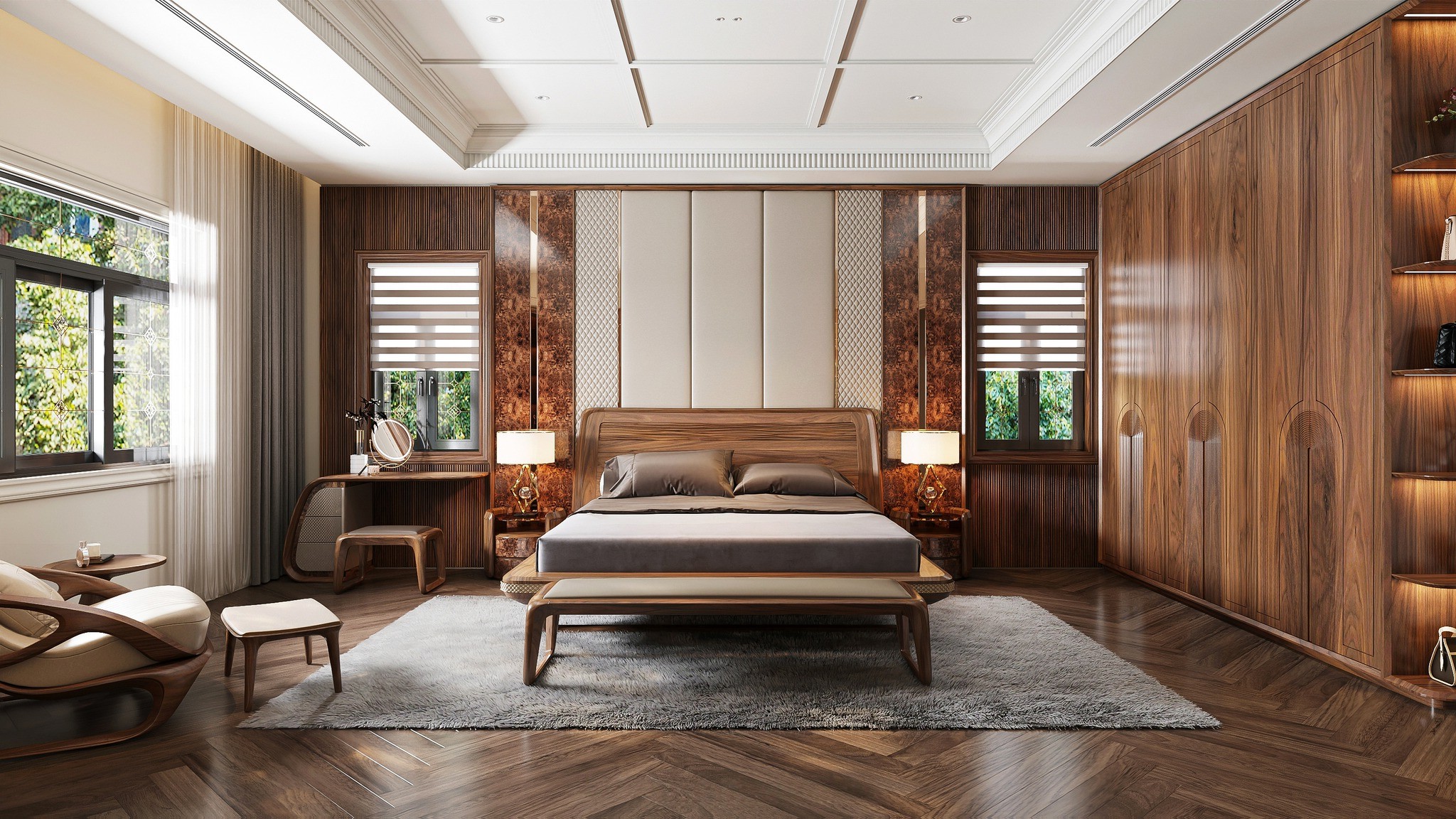 Nội thất phòng ngủ gỗ óc chó cao cấp và sang trọng
