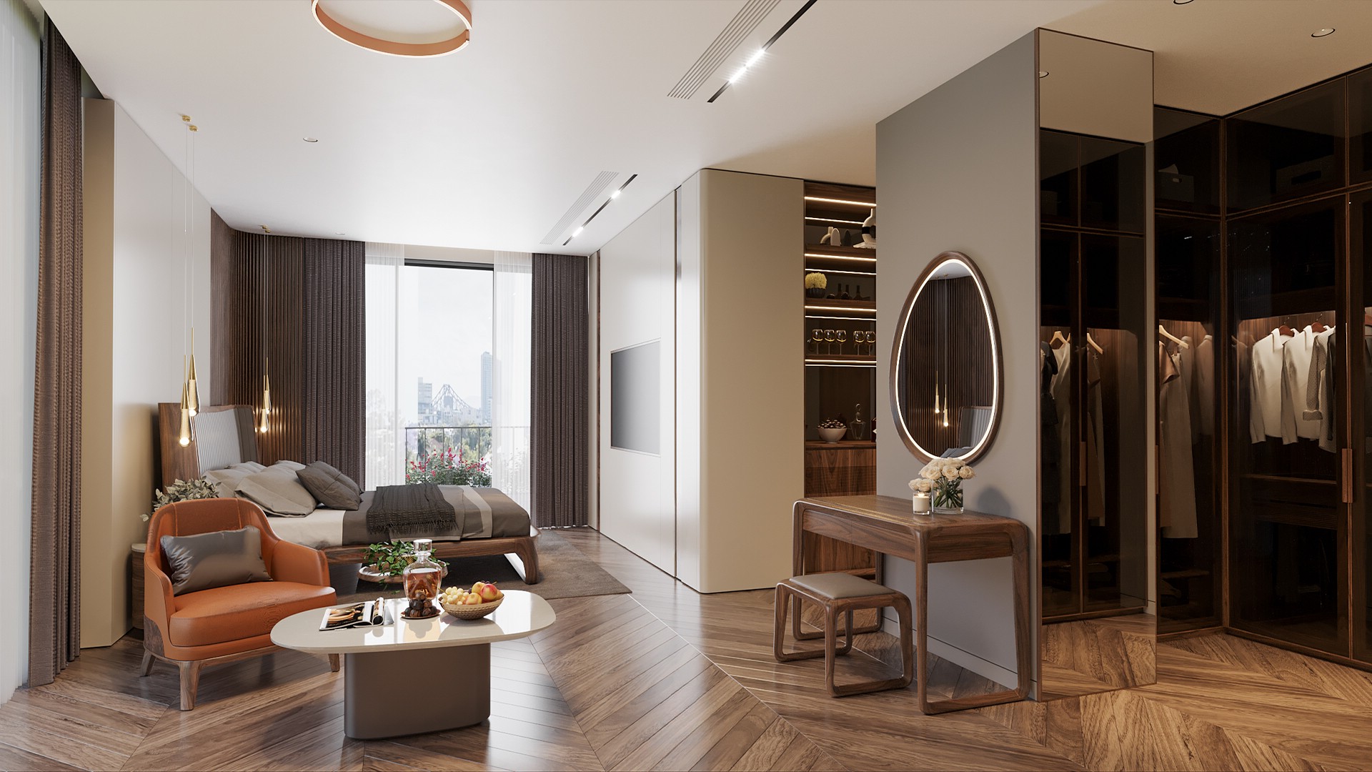 Nội thất phòng ngủ hiện đại với giường gỗ óc chó và tủ áo chữ L cao kịch trần