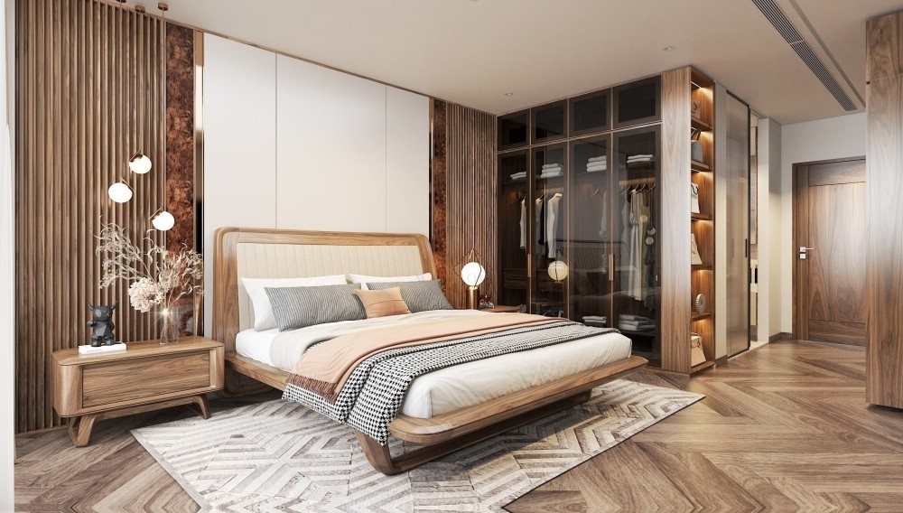 Nội thất phòng ngủ master với giường gỗ óc chó và tủ áo kịch trần cánh kính