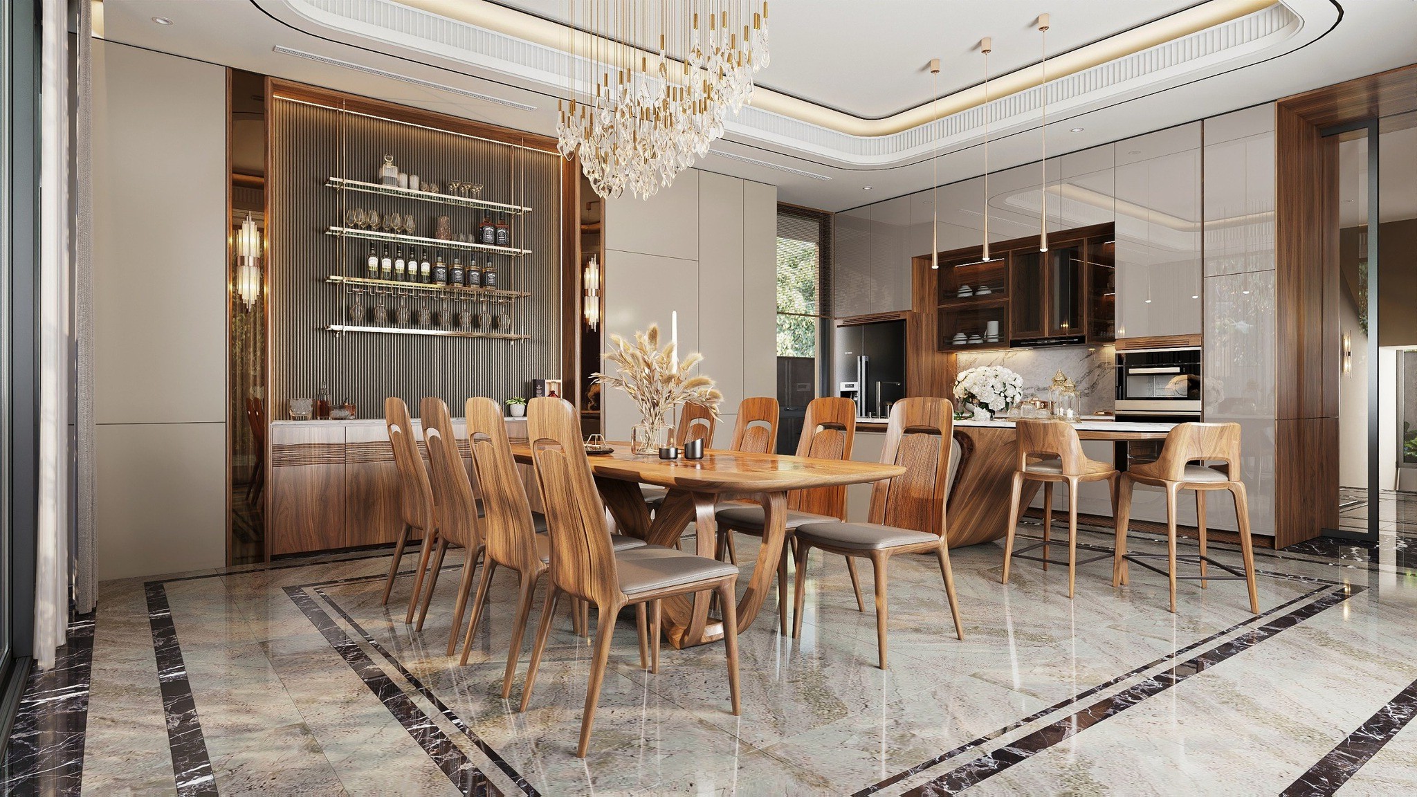 Phòng bếp đẹp hiện đại với bàn ăn gỗ sồi 8 ghế và tủ bếp chữ I cao kịch trần