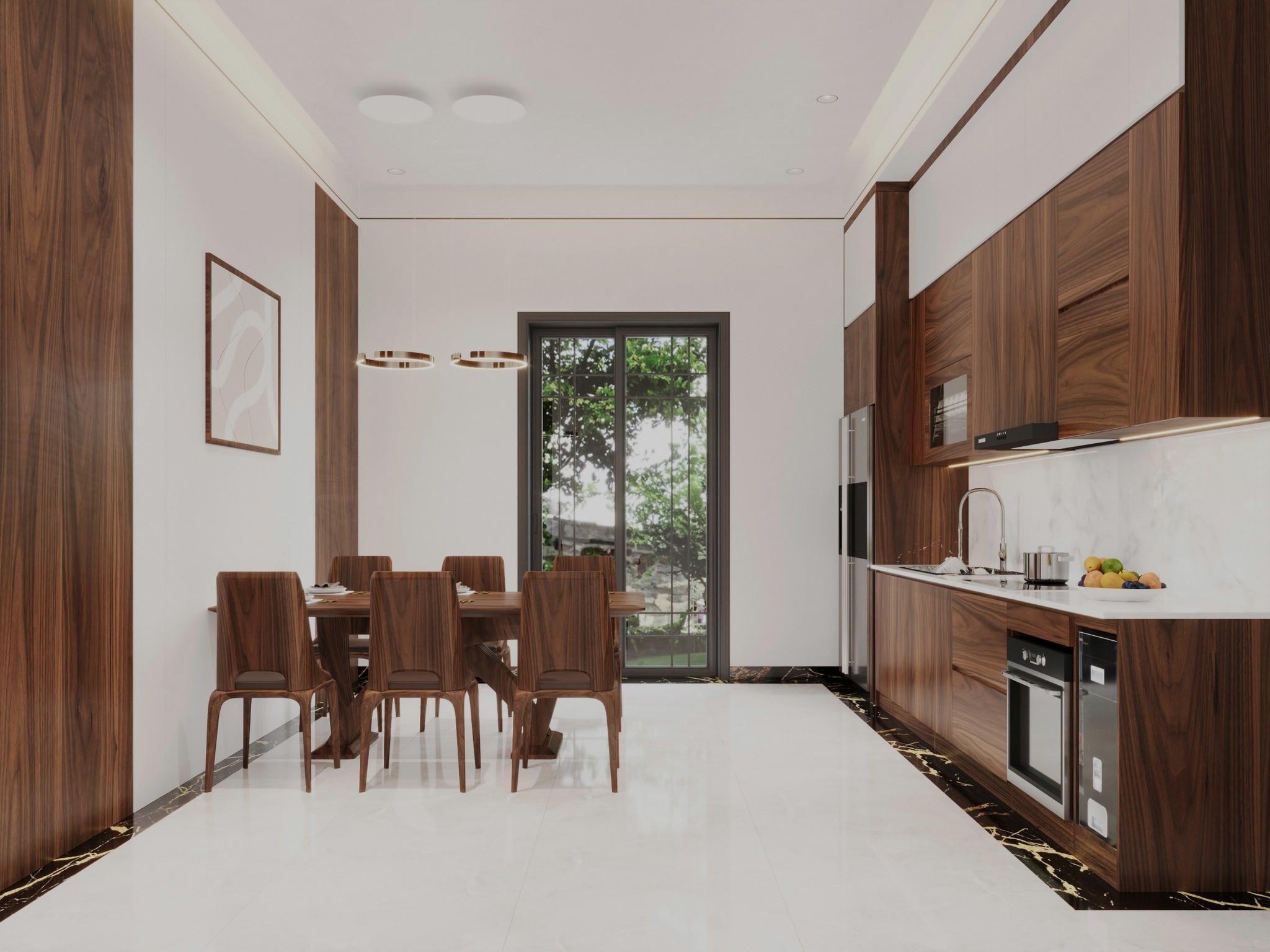 Phòng bếp đẹp nhà ống với bàn ăn gỗ óc chó và tủ bếp chữ I cao kịch trần