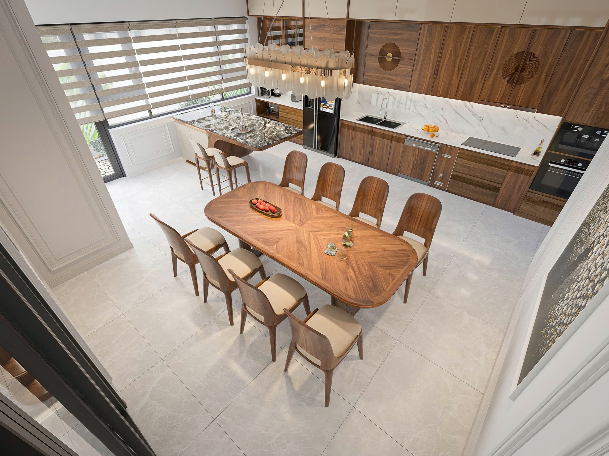 Phòng bếp đẹp sang trọng với bàn ăn 8 ghế và tủ bếp chữ I