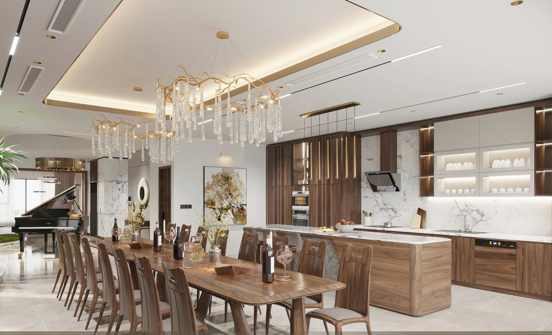 Phòng bếp hiện đại sang trọng với bàn ăn gỗ óc chó và quầy bar mặt đá granite trắng