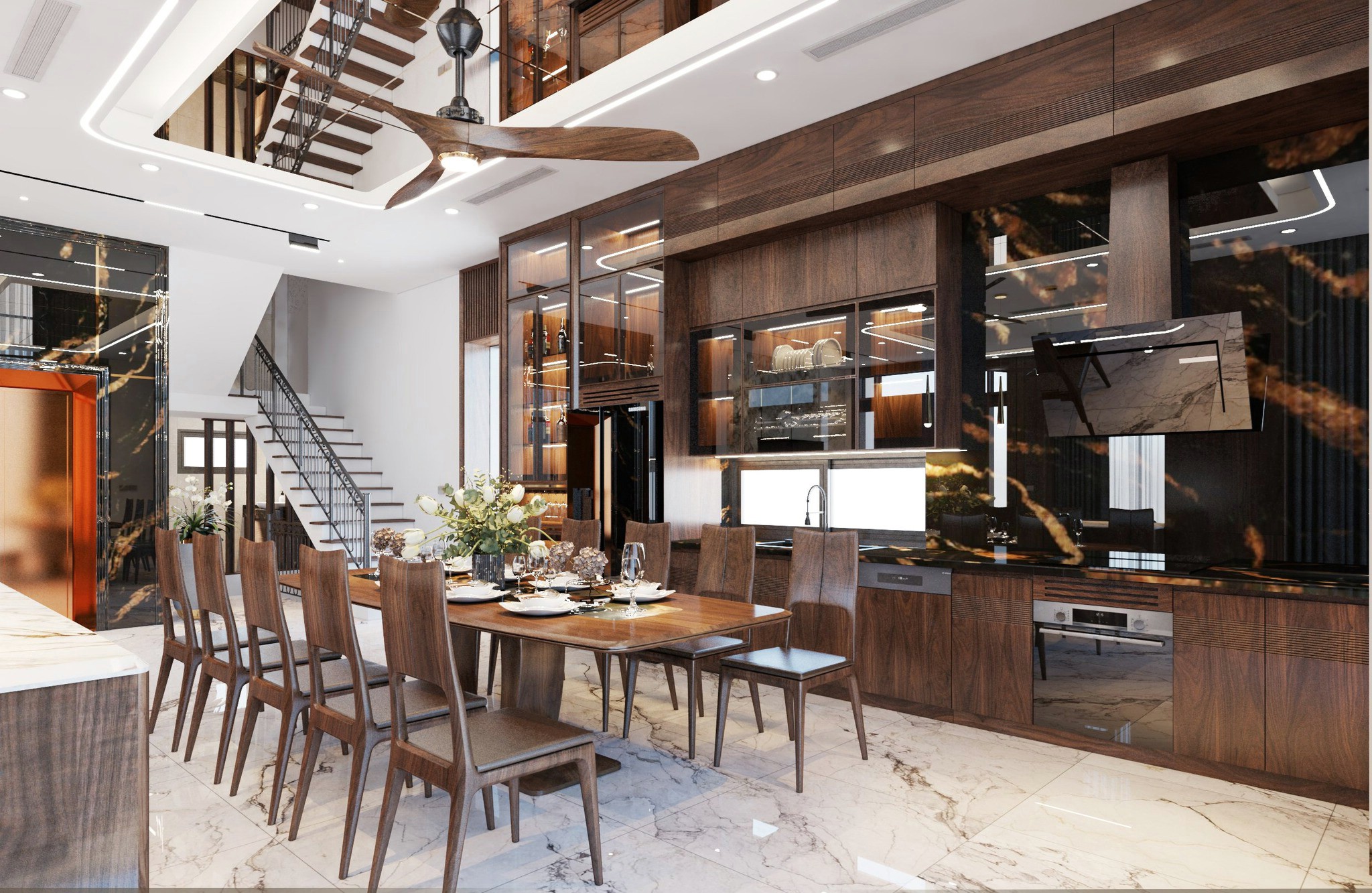 Phòng bếp hiện đại với bàn ăn 10 ghế gỗ óc chó và tủ bếp chữ I cao kịch trần
