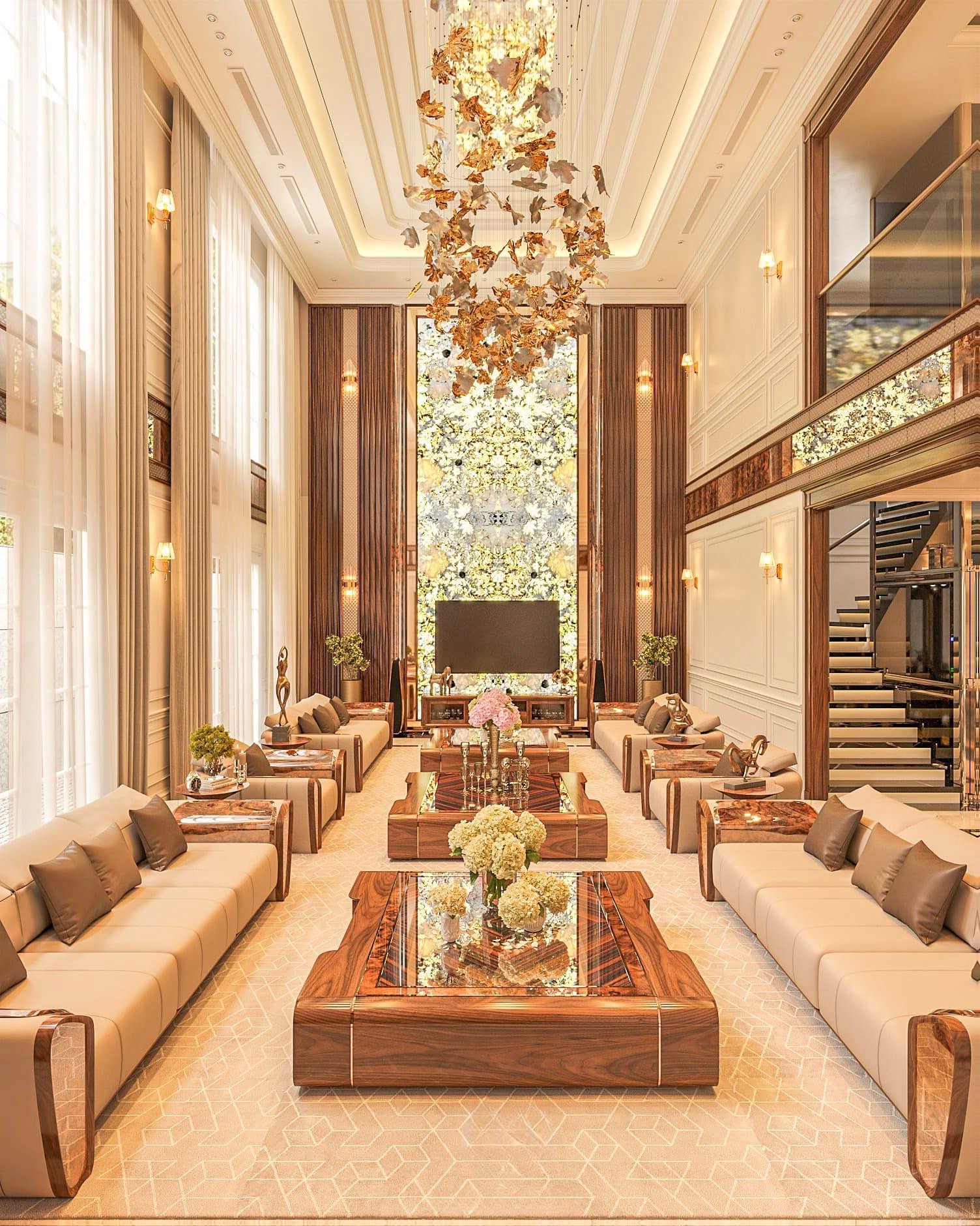 Phòng khách biệt thự hiện đại với sofa gỗ lớn và tường ốp OnyX xuyên sáng