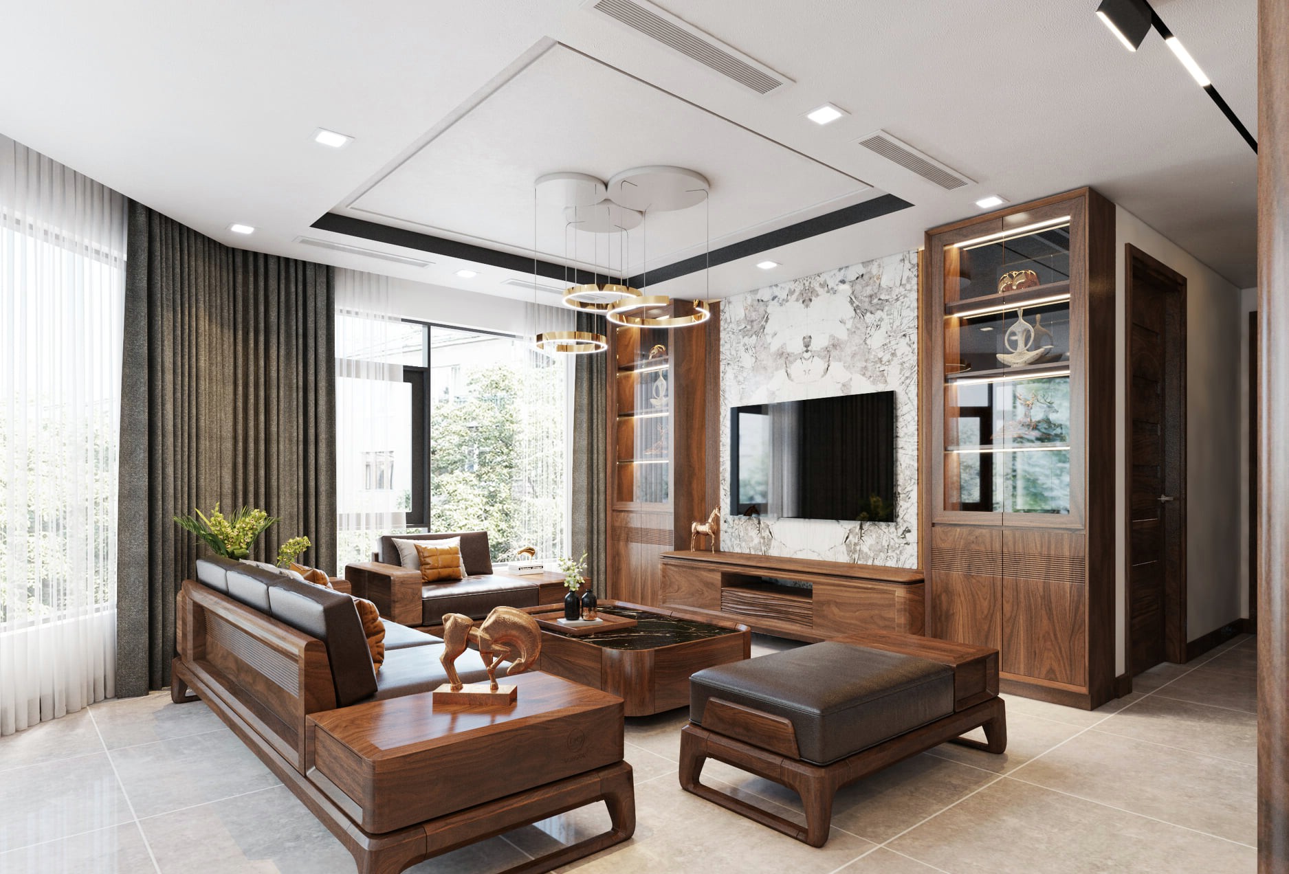 Phòng khách gỗ óc chó sang trọng, hiện đại