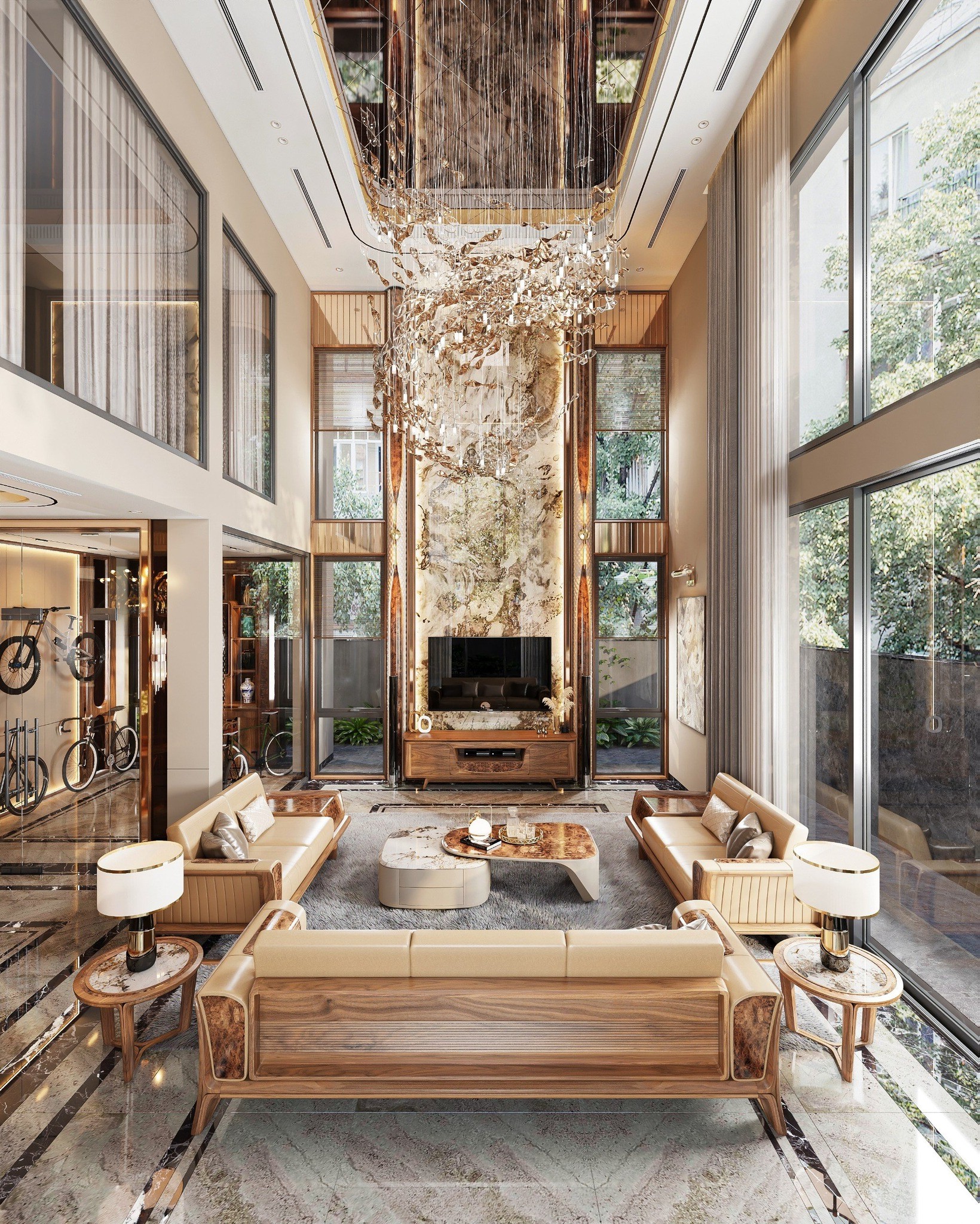 Phòng khách gỗ óc chó sang trọng với thiết kế thông tầng hiện đại