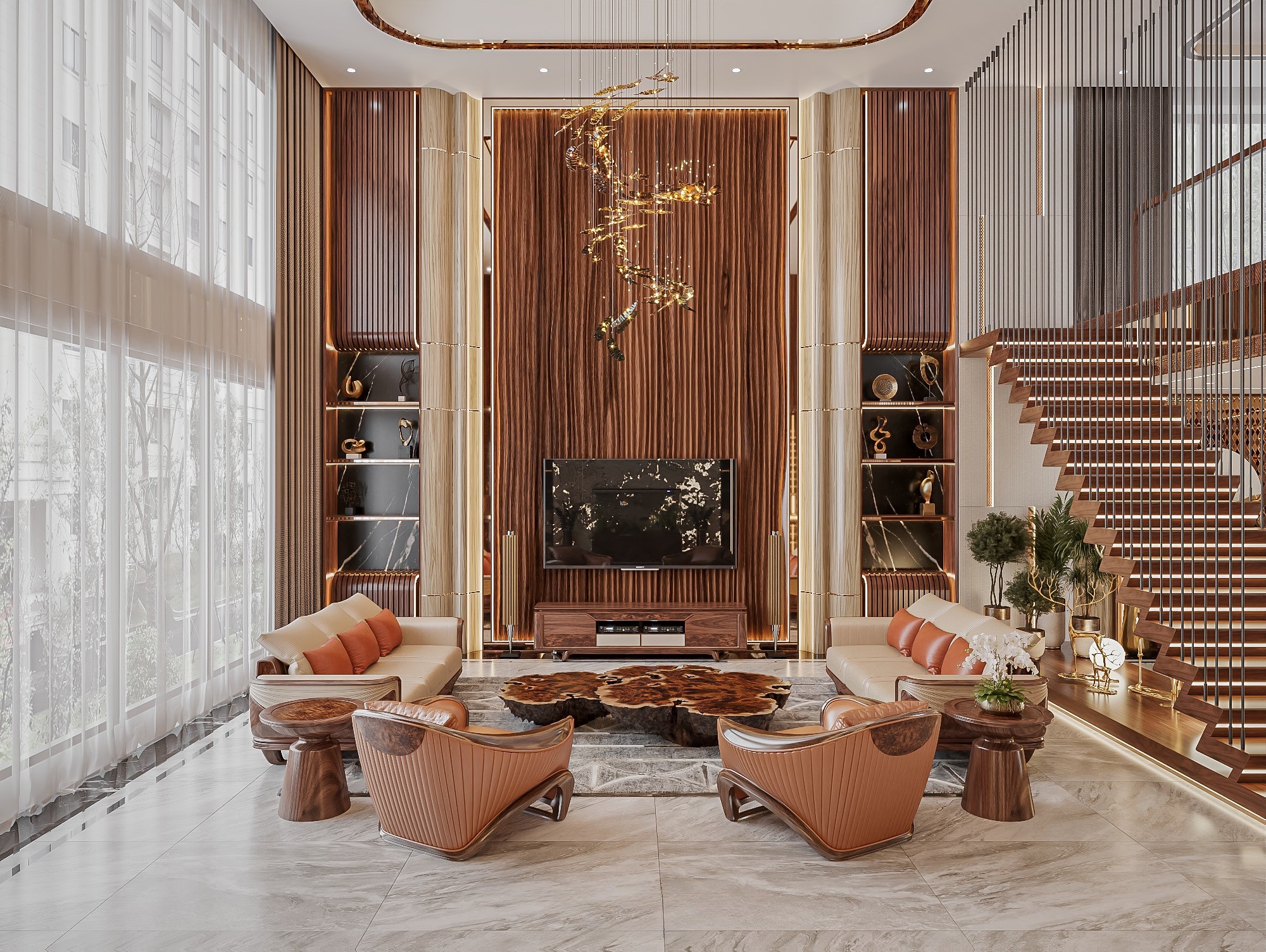 Phòng khách hiện đại sang trọng với sofa gỗ và bàn trà veneer nu