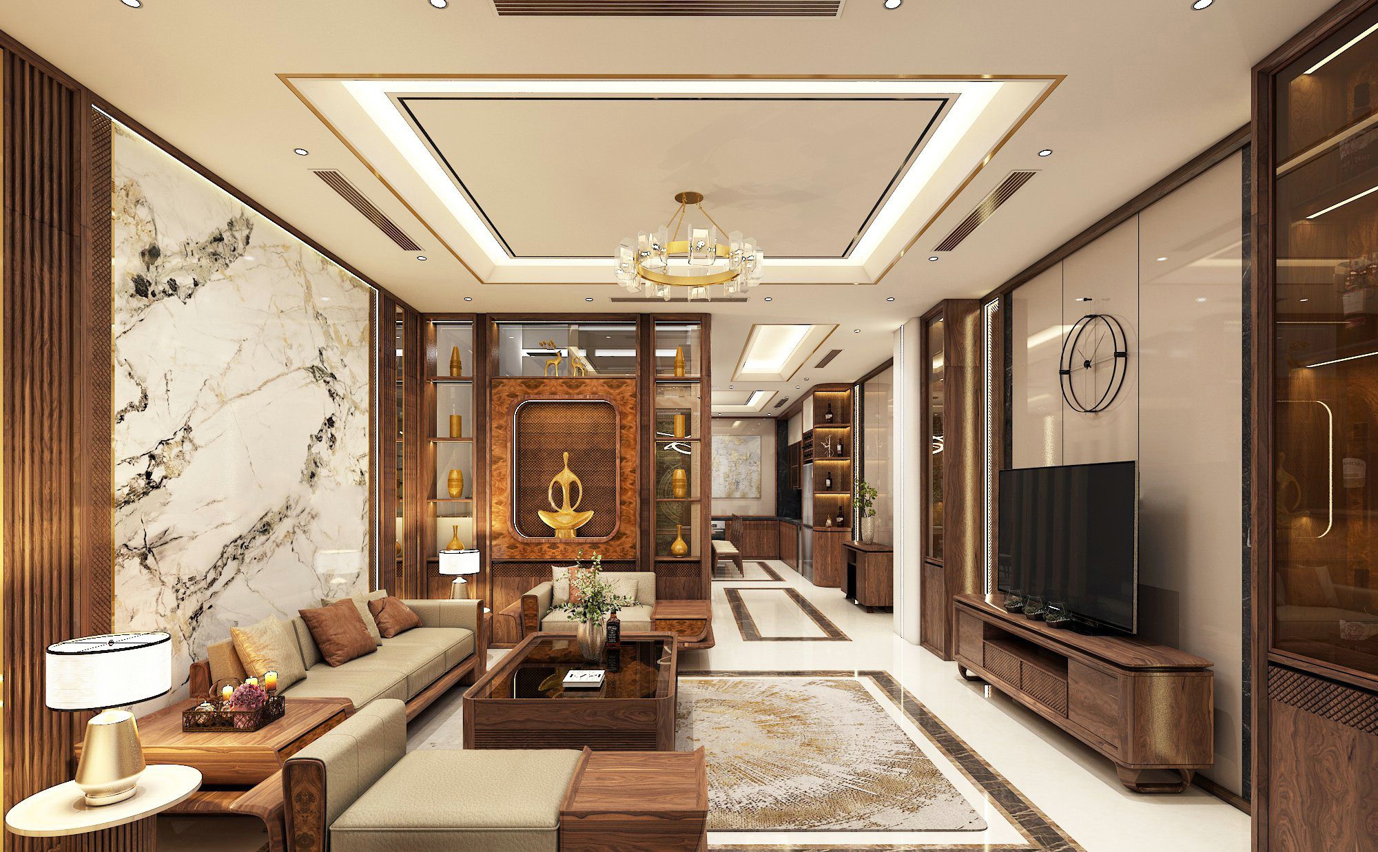 Phòng khách nhà ống 5m có cầu thang với sofa gỗ chữ U và vách ốp đá marble