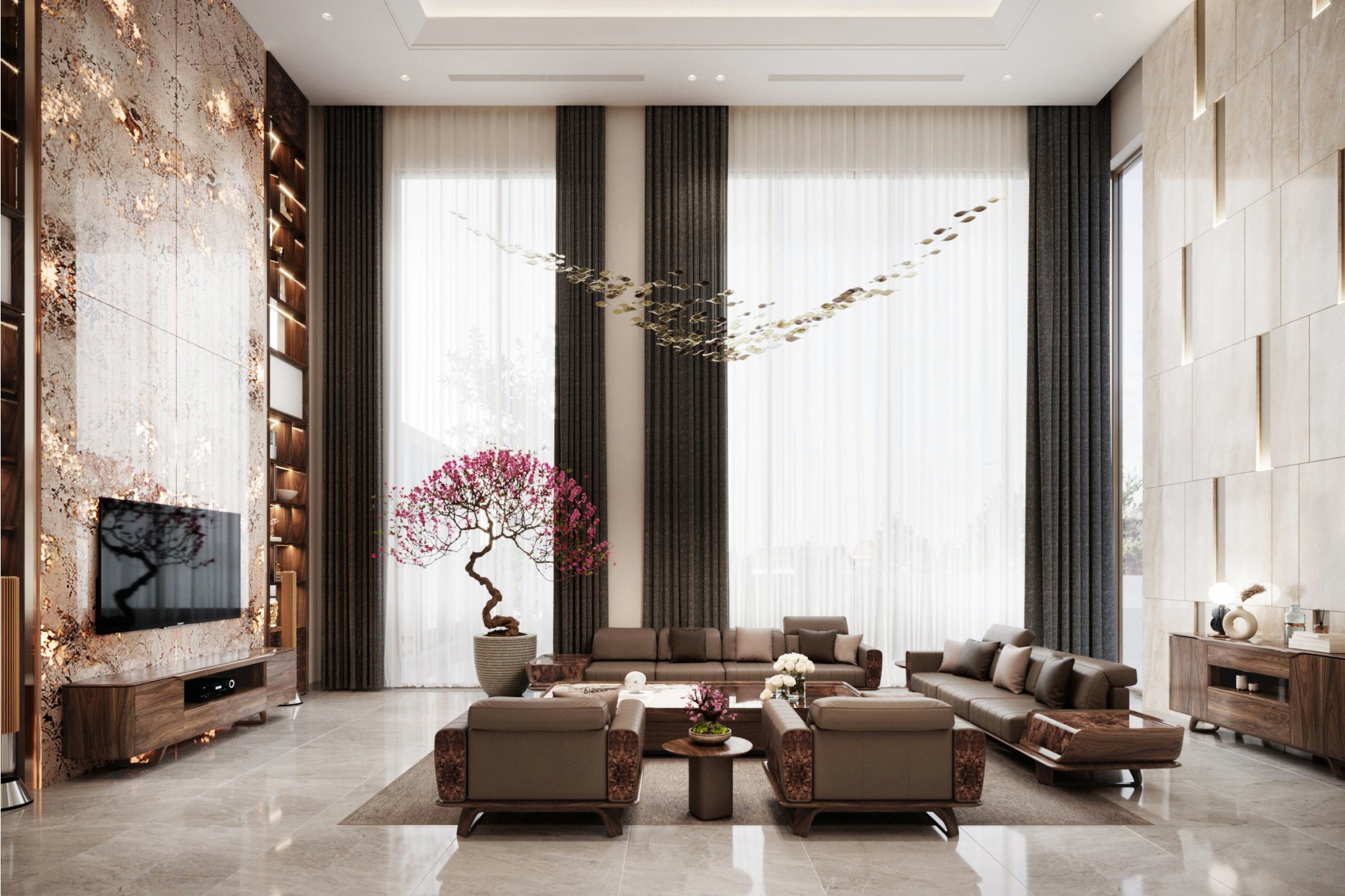 Phòng khách trần cao 2 tầng với đá Onyx xuyên sáng, kệ gỗ và sofa veneer nu bọc da
