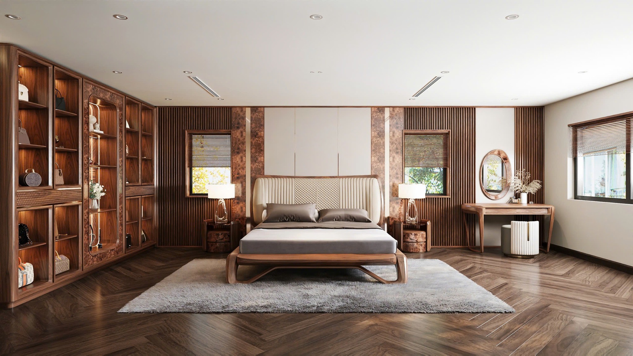 Phòng ngủ gỗ óc chó sang trọng, tiện nghi