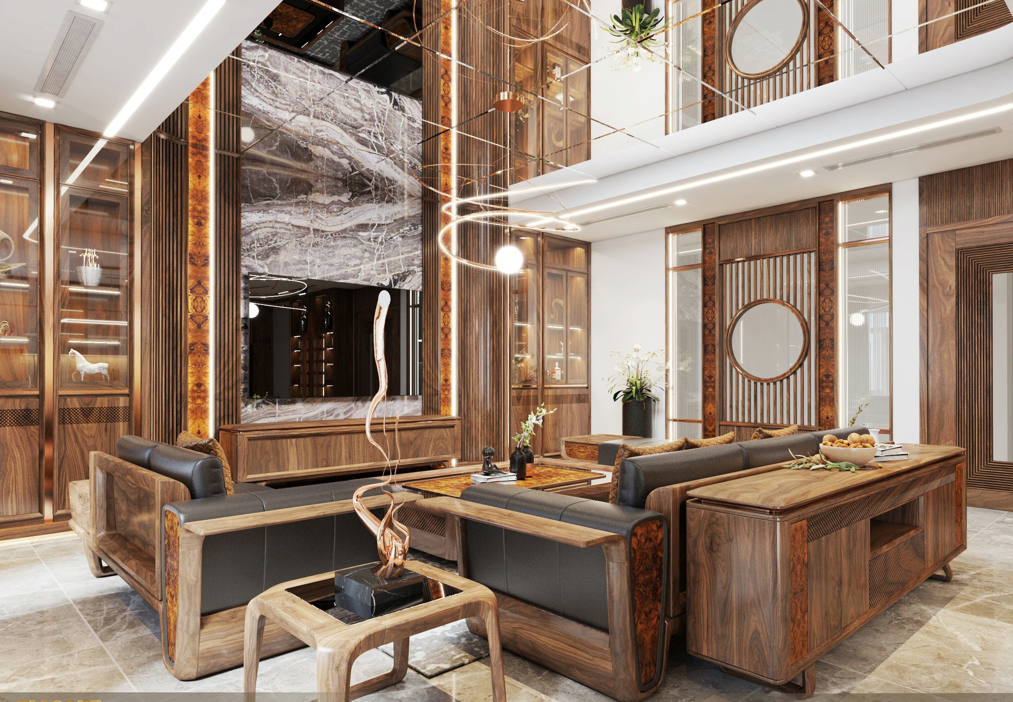 Showroom nội thất gỗ óc chó sang trọng cho phòng khách cao cấp