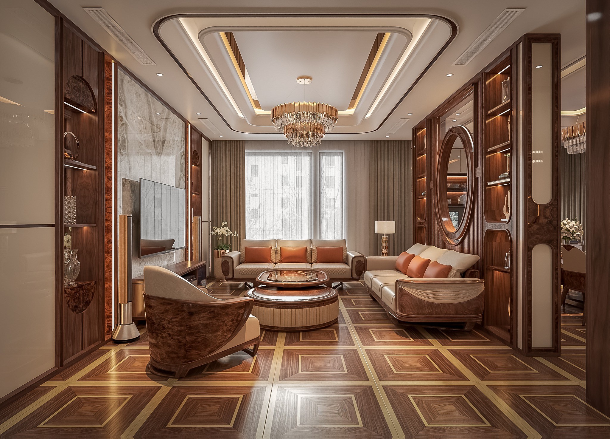 Sofa gỗ cao cấp gỗ óc chó tự nhiên màu nâu sẫm với đệm da be họa tiết quả trám và bàn trà hiện đại