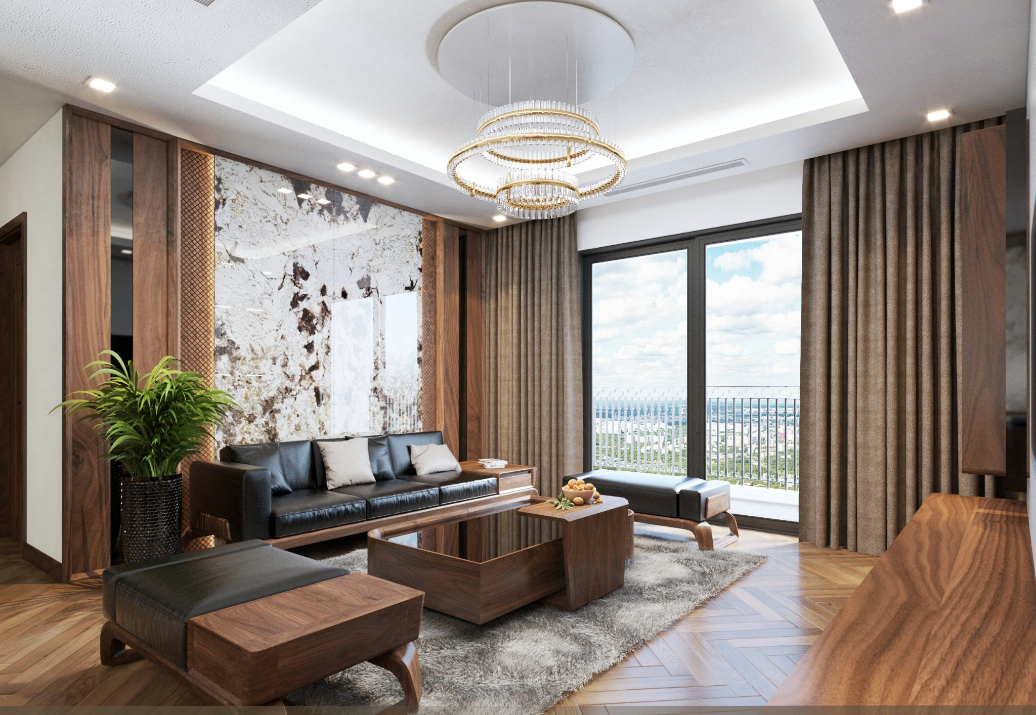 Sofa gỗ cho phòng khách nhỏ chữ I với ghế đôn chân chữ U và bàn trà mặt kính