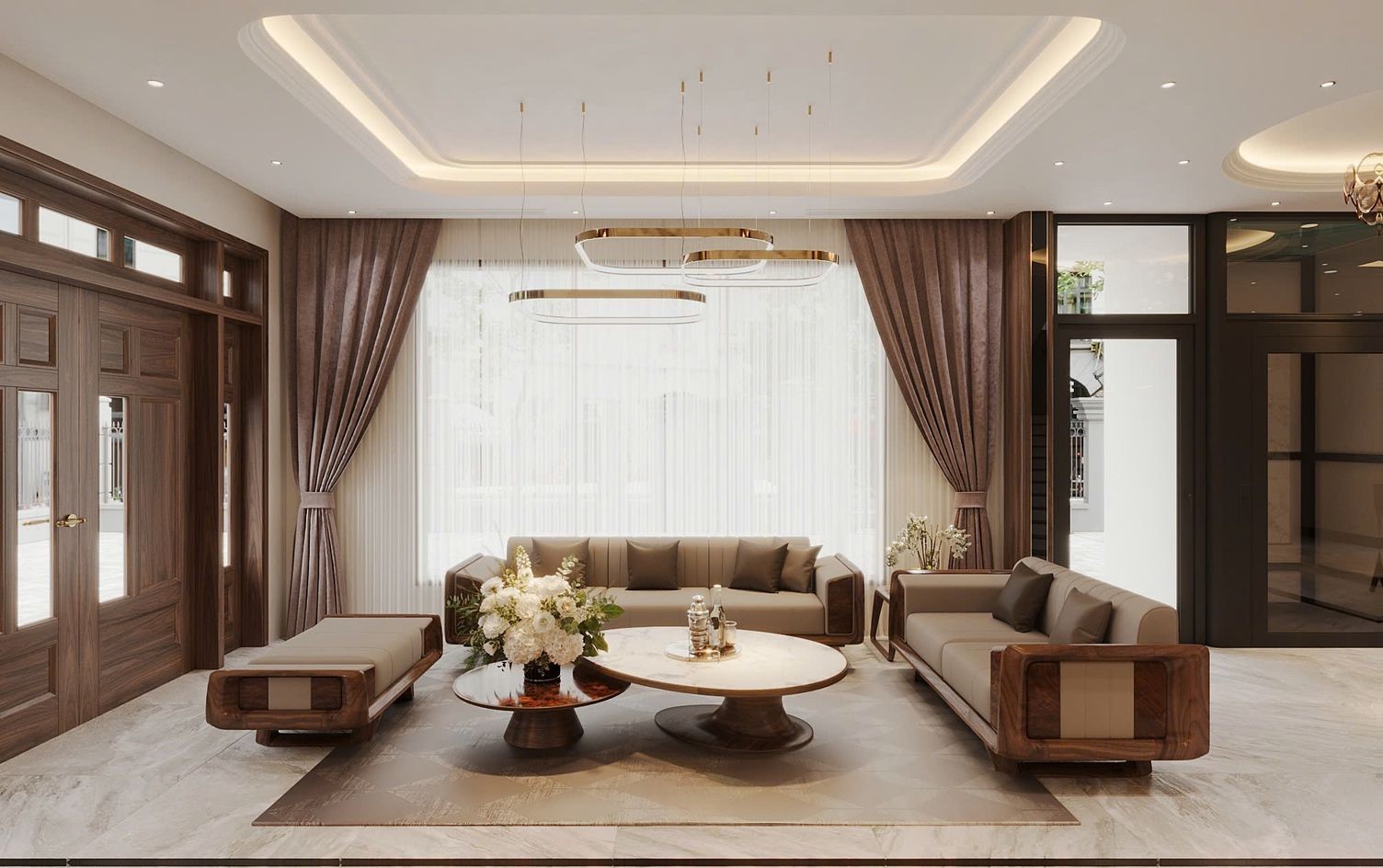 Sofa gỗ da hiện đại gỗ óc chó tự nhiên với bàn trà mặt đá và veneer nu