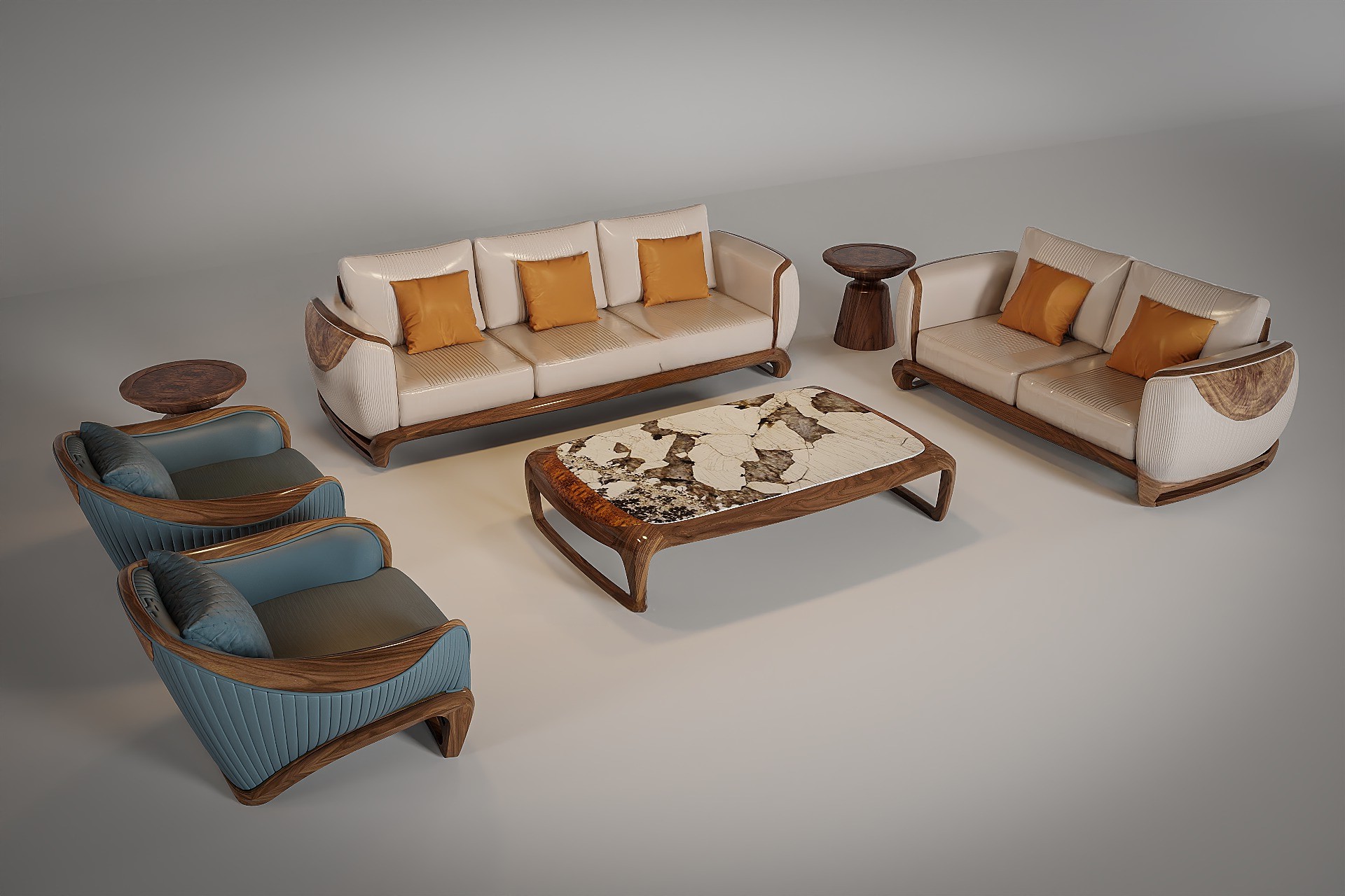 Sofa gỗ đẹp phong cách tân cổ điển với tay vịn gỗ cong và phối màu kem – xanh coban