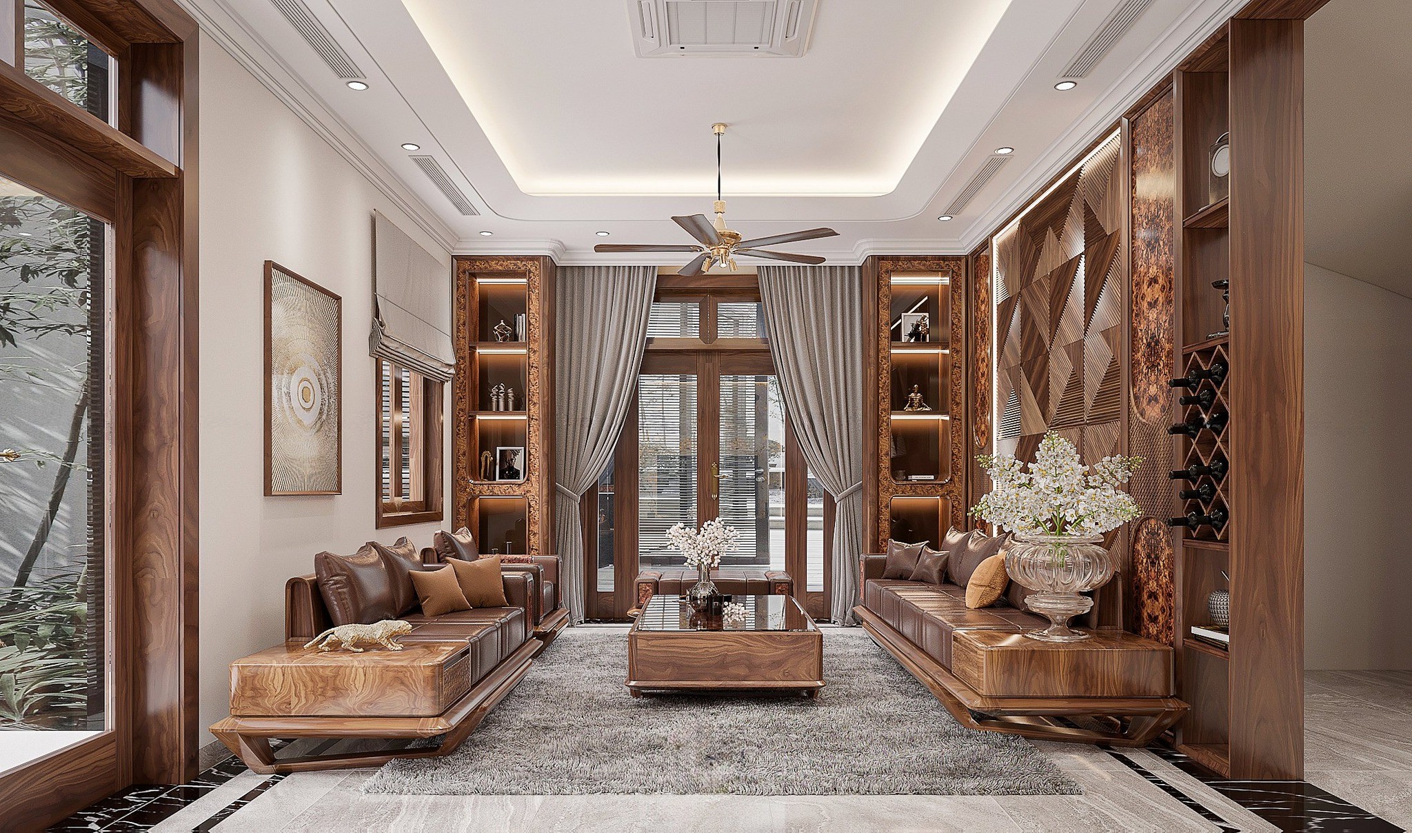 Sofa gỗ đơn giản với đệm da nâu đỏ và bàn trà giữa phòng