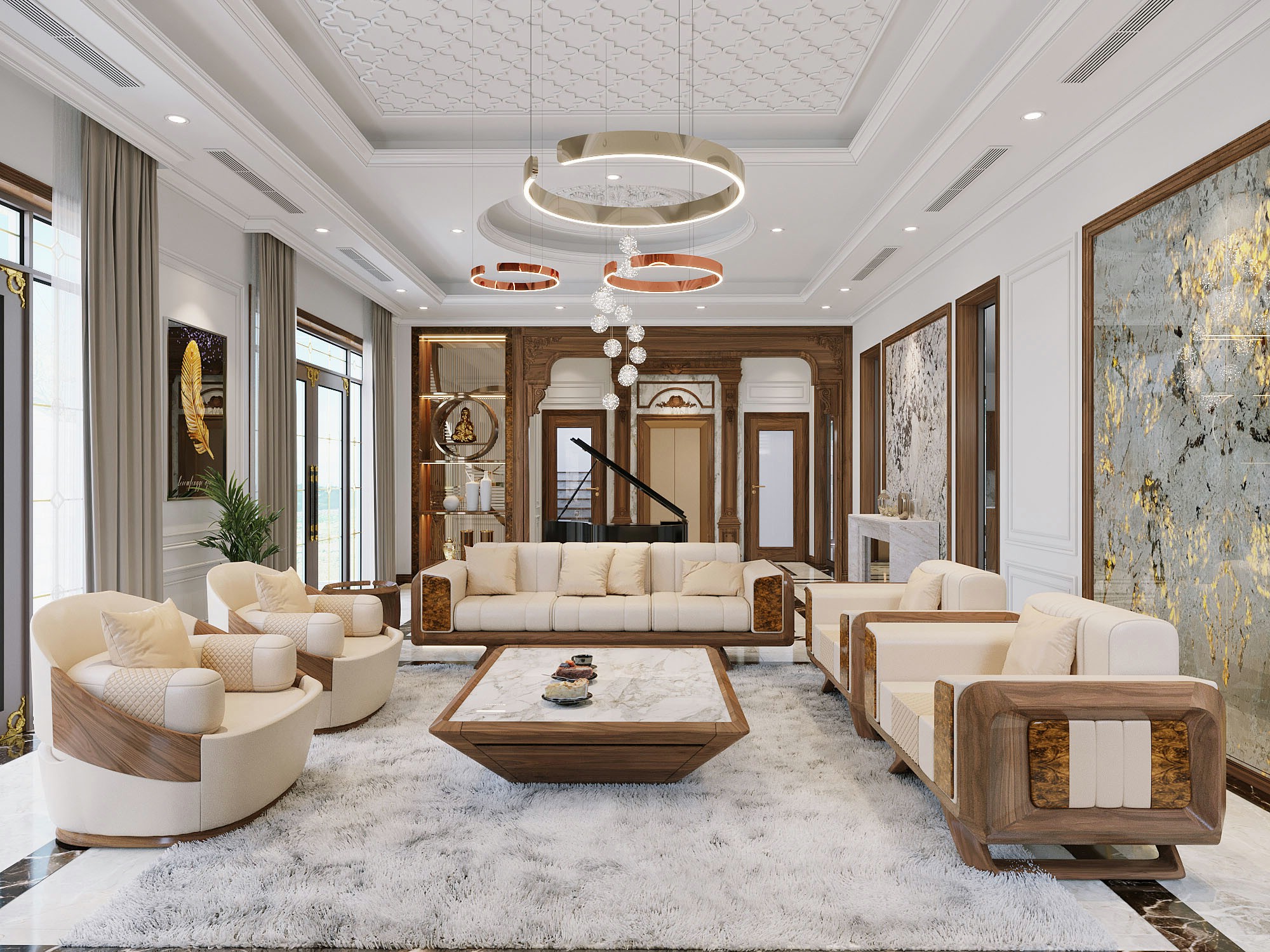 Sofa gỗ óc chó đẹp cho phòng khách rộng rãi và sang trọng