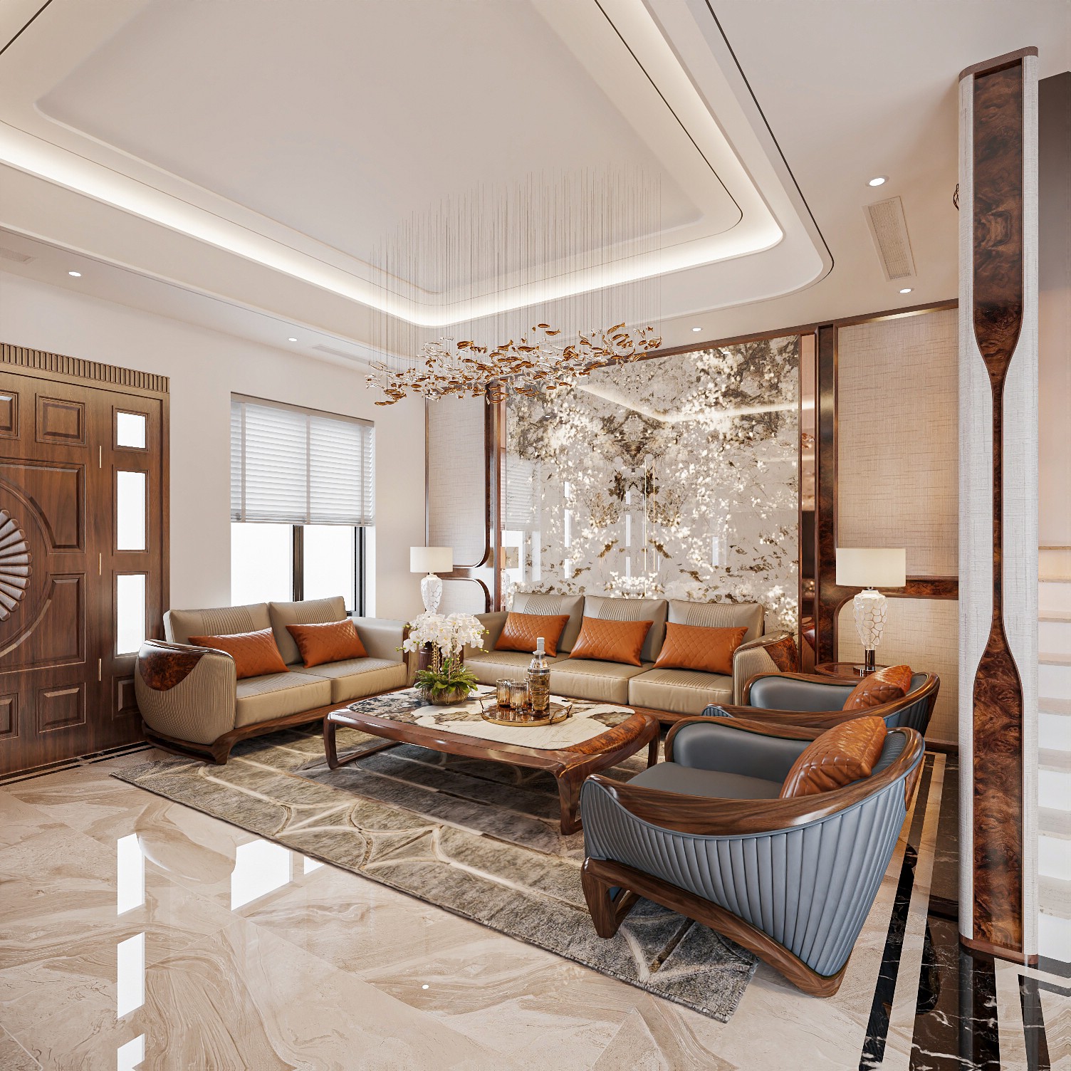 Sofa gỗ óc chó phối da xanh dương và da bò trắng hiện đại