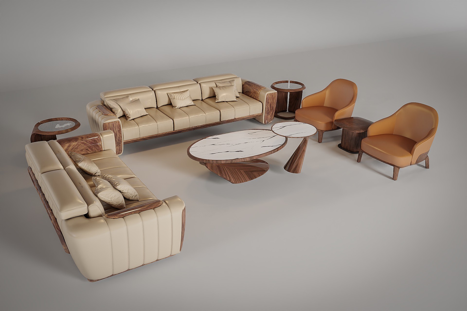 Sofa gỗ phòng khách gỗ óc chó màu nâu đậm với bàn trà oval mặt đá marble