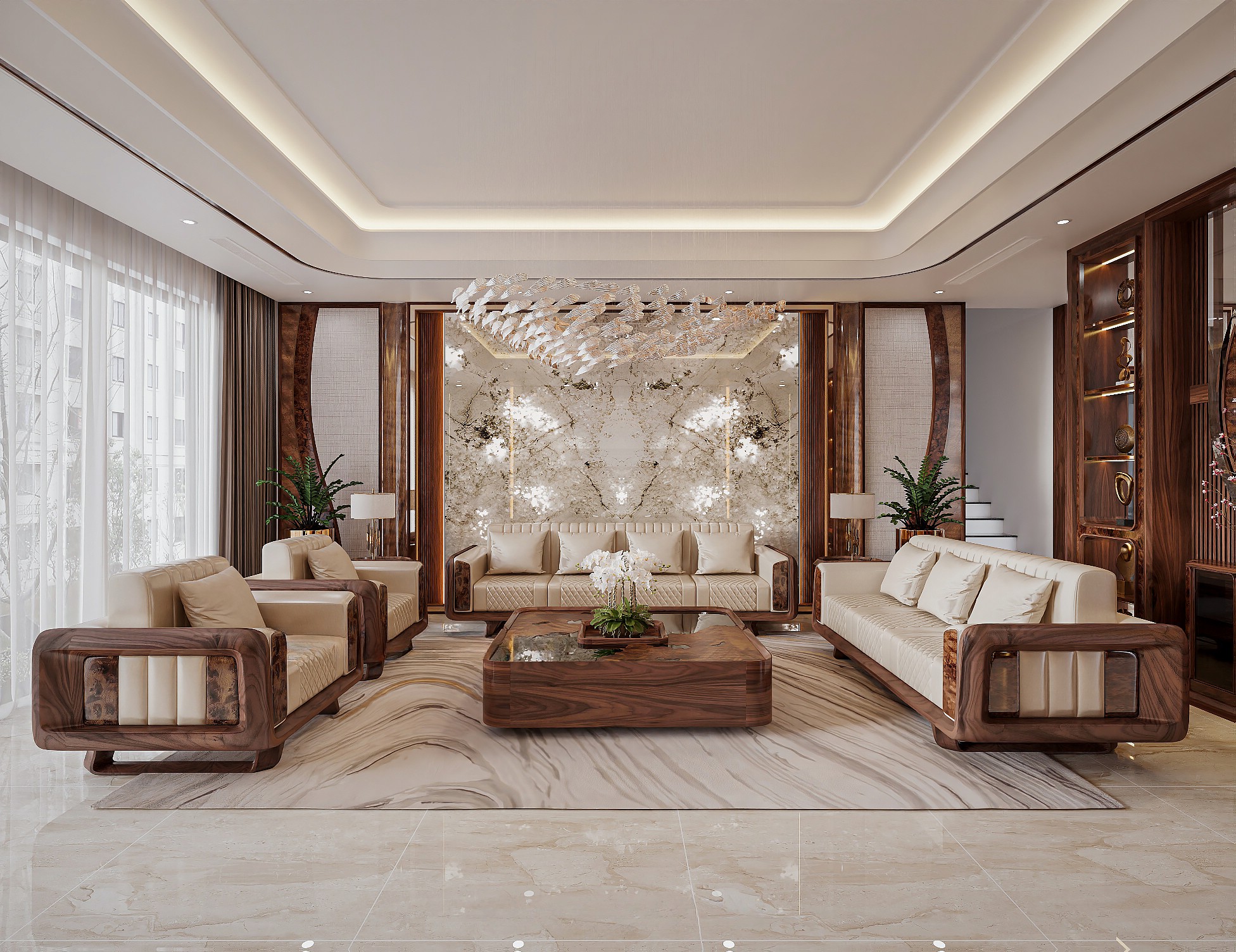 Sofa gỗ tự nhiên gỗ óc chó hoặc gỗ gụ với bàn trà hộp vuông mặt kính – gỗ sang trọng