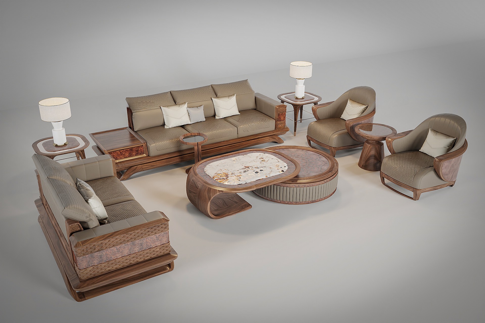 Sofa gỗ hiện đại với bàn trà đôi và tay vịn bọc da họa tiết vẩy cá