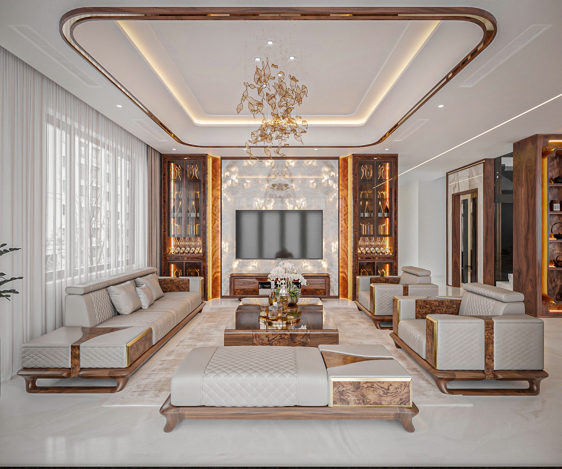 Sofa phòng khách gỗ phối màu nâu xám, tay vịn da chần bông họa tiết quả trám
