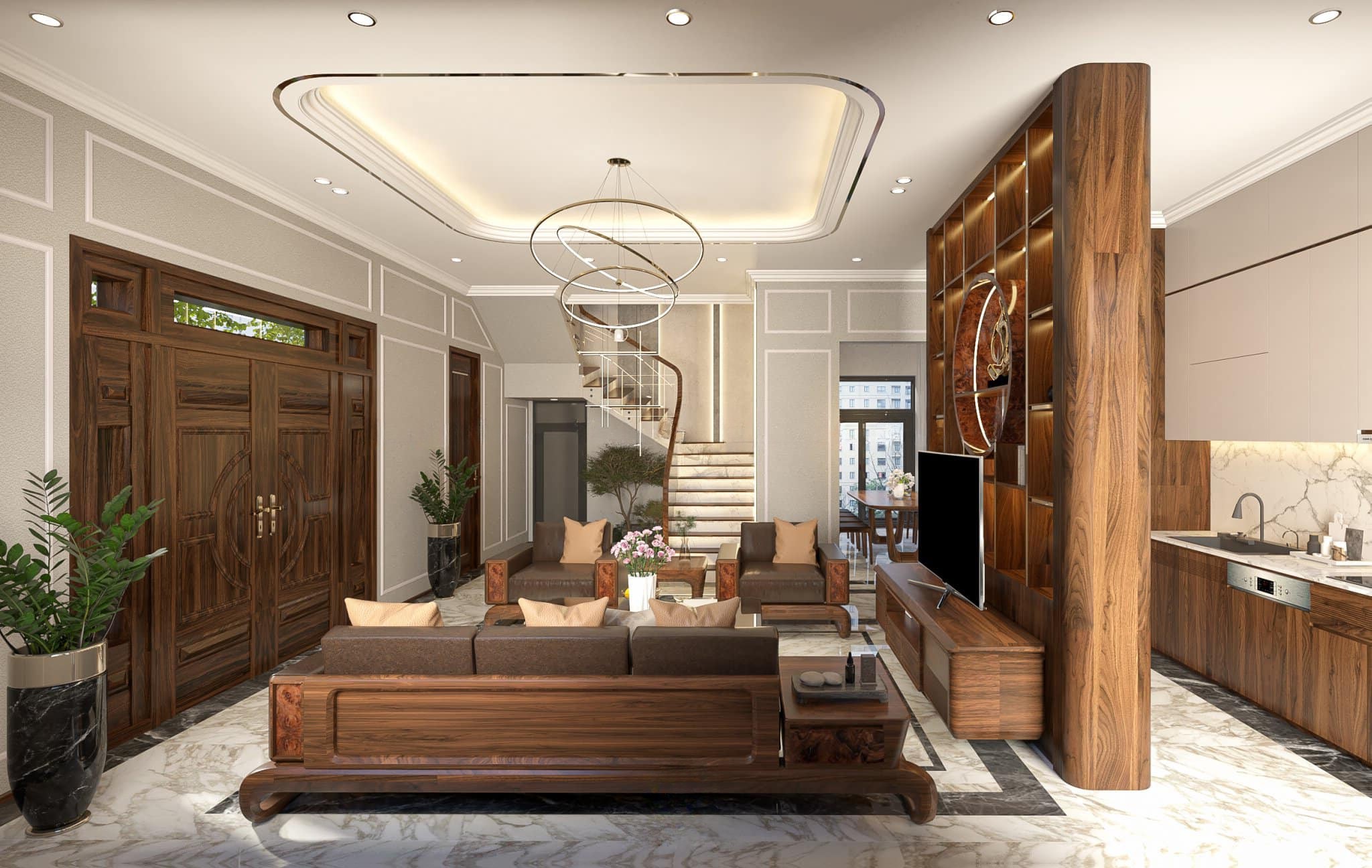 Thi công nội thất gỗ óc chó phòng khách sang trọng và tinh tế