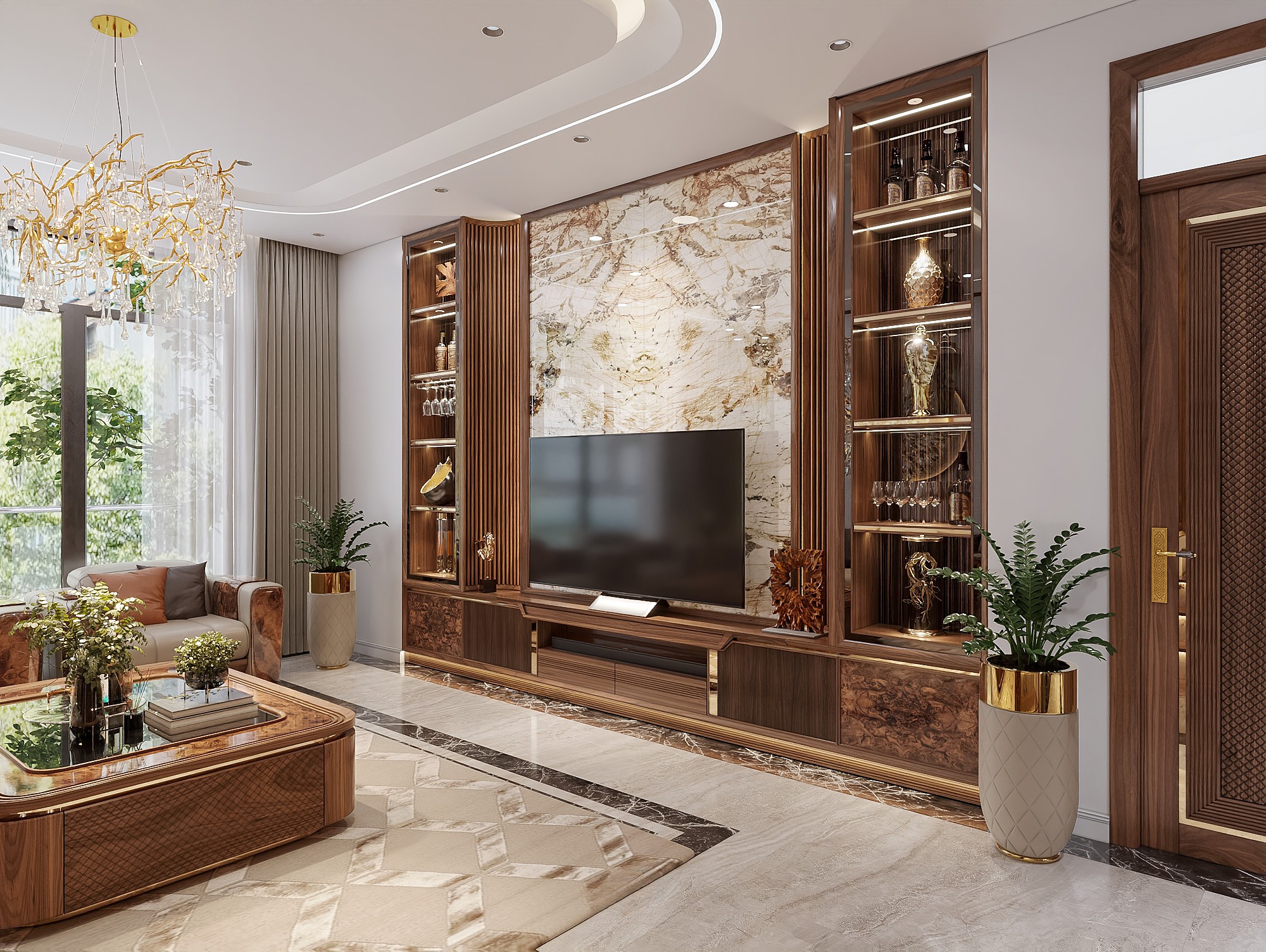 Thiết kế kệ tivi kết hợp tủ rượu veneer nu và viền mạ vàng đồng sang trọng