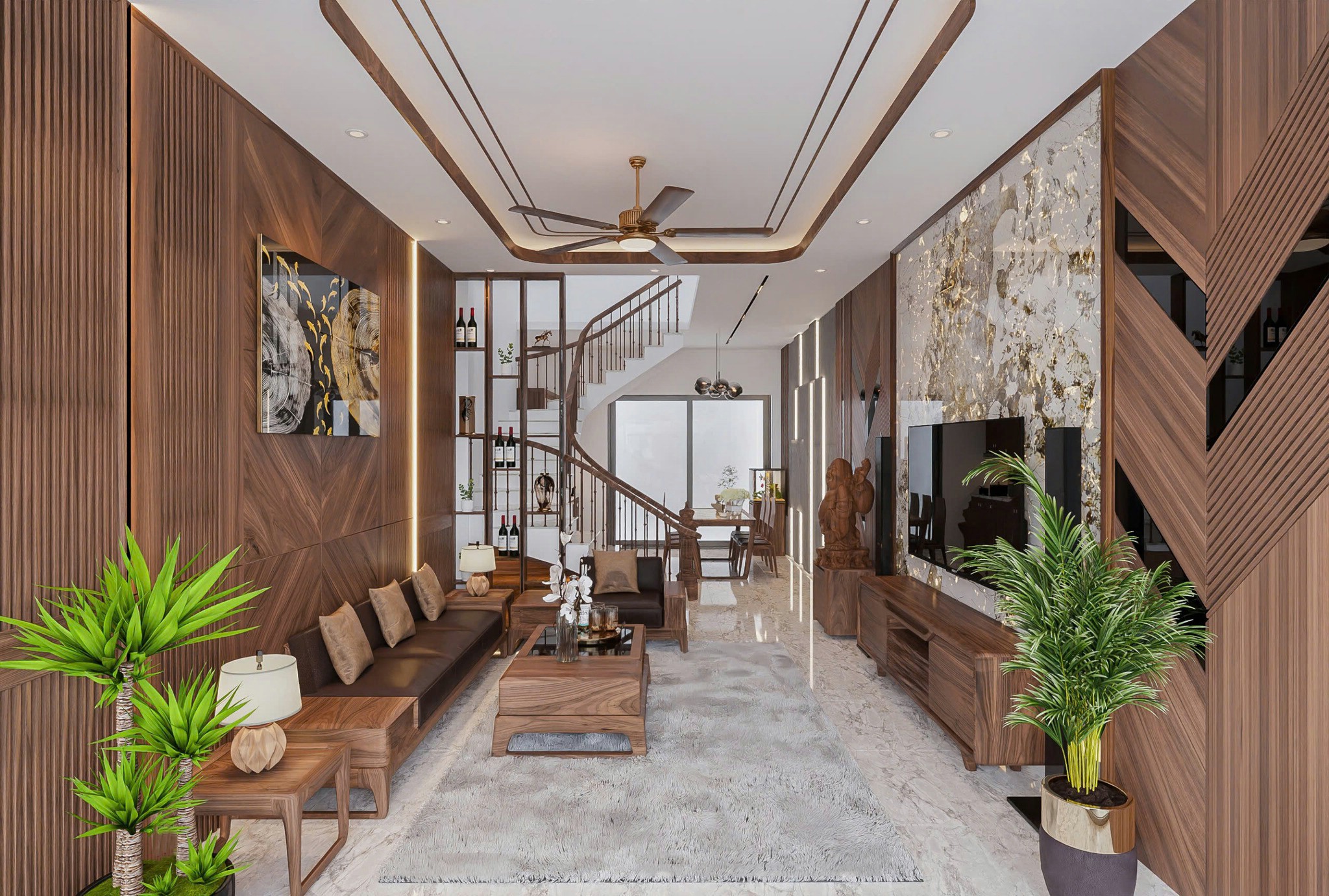Thiết kế nội thất nhà phố phòng khách hiện đại với vách đá thạch anh và lam sóng gỗ
