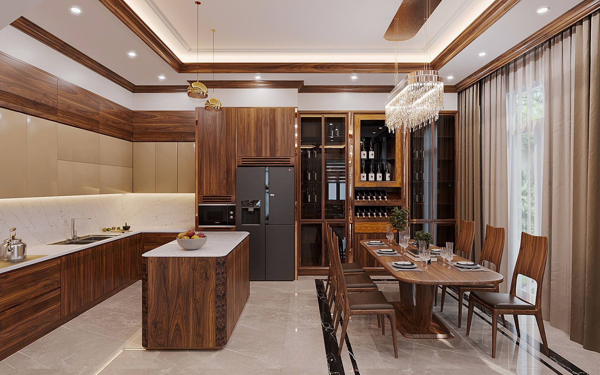 Thiết kế nội thất phòng bếp hiện đại với tủ chữ L và bàn đảo ốp lam sóng