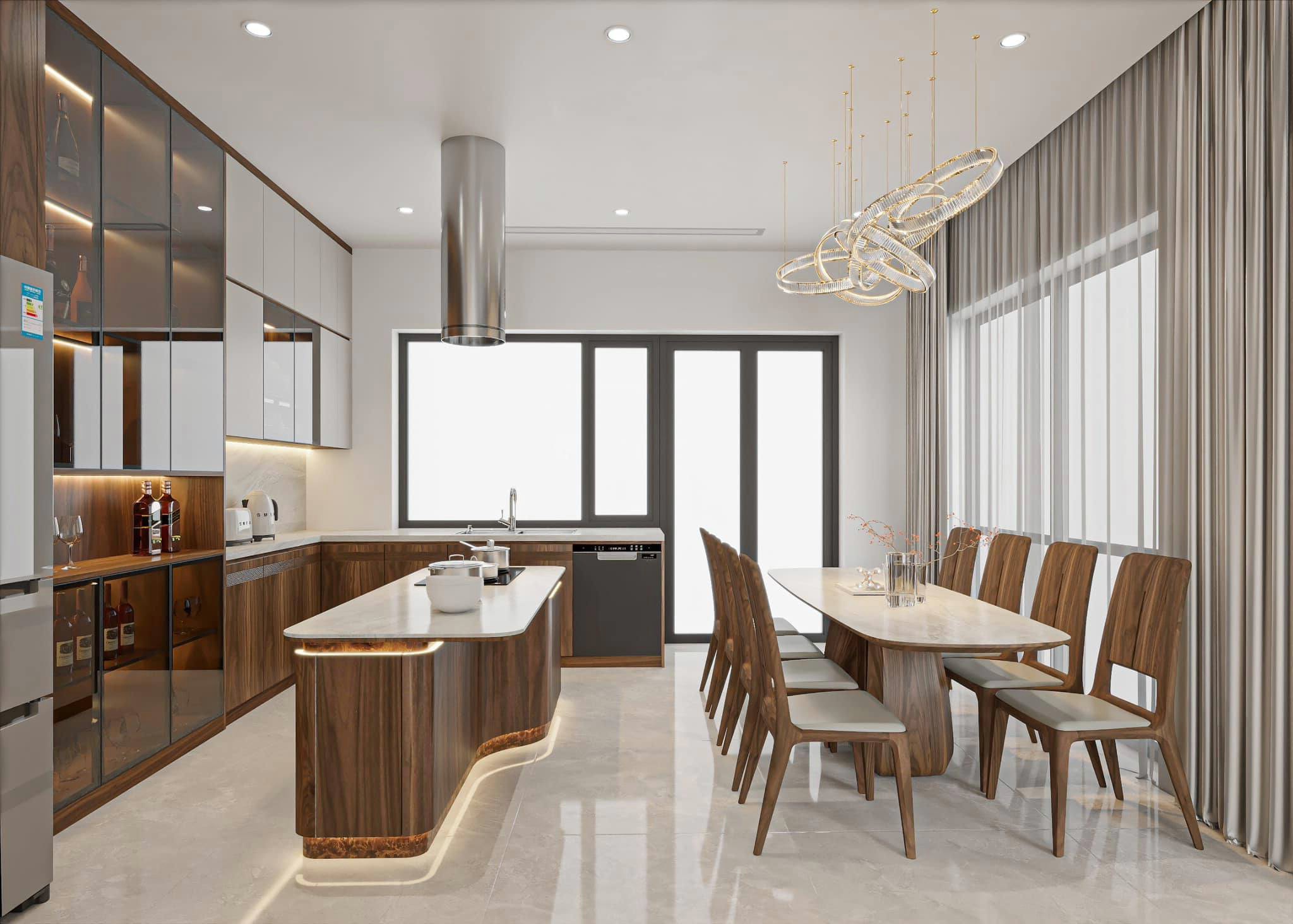 Thiết kế nội thất phòng bếp hiện đại với tủ bếp chữ L, bàn đảo và bàn ăn gỗ óc chó