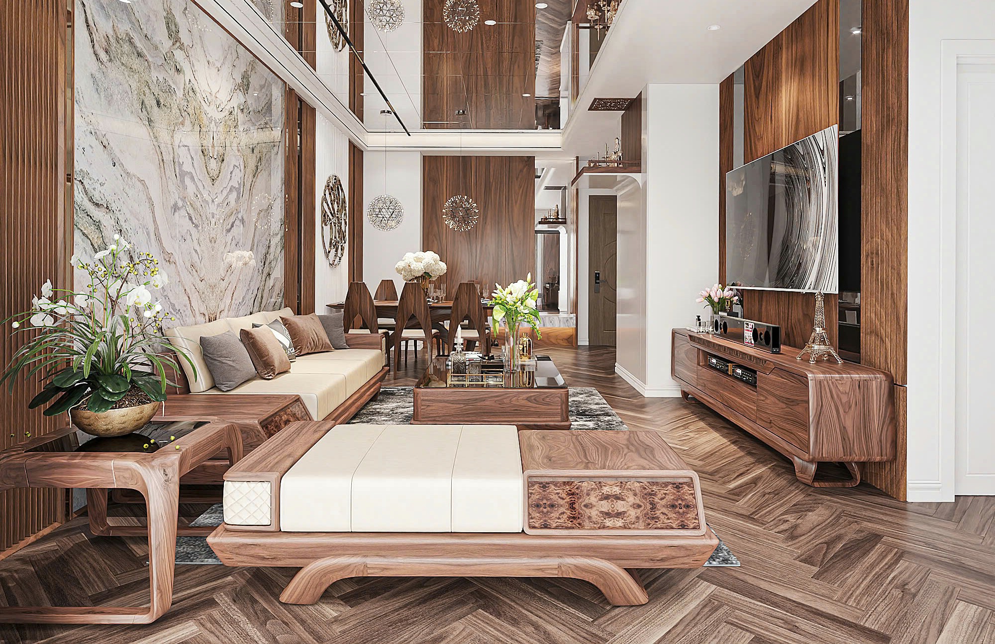 Thiết kế nội thất phòng khách nhà ống hiện đại với sofa gỗ óc chó, kệ tivi và trần ốp gương sang trọng