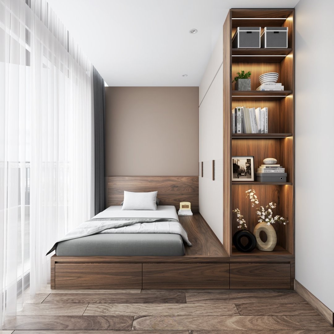 Thiết kế nội thất phòng ngủ nhỏ với tủ quần áo acrylic trắng và giường MDF veneer óc chó có ngăn kéo