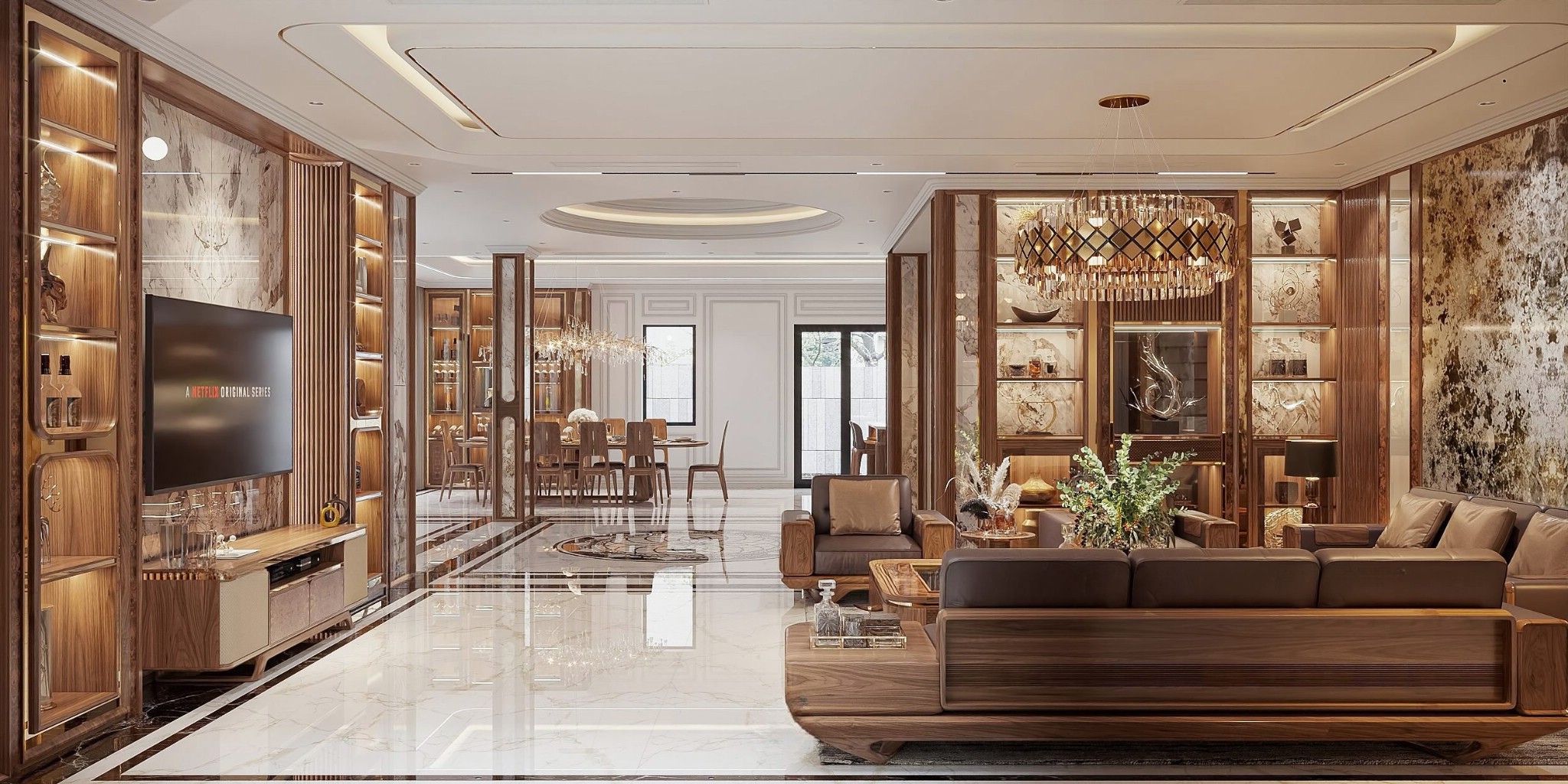 Thiết kế nội thất phòng khách hiện đại với bàn ghế gỗ và kệ trang trí đèn led