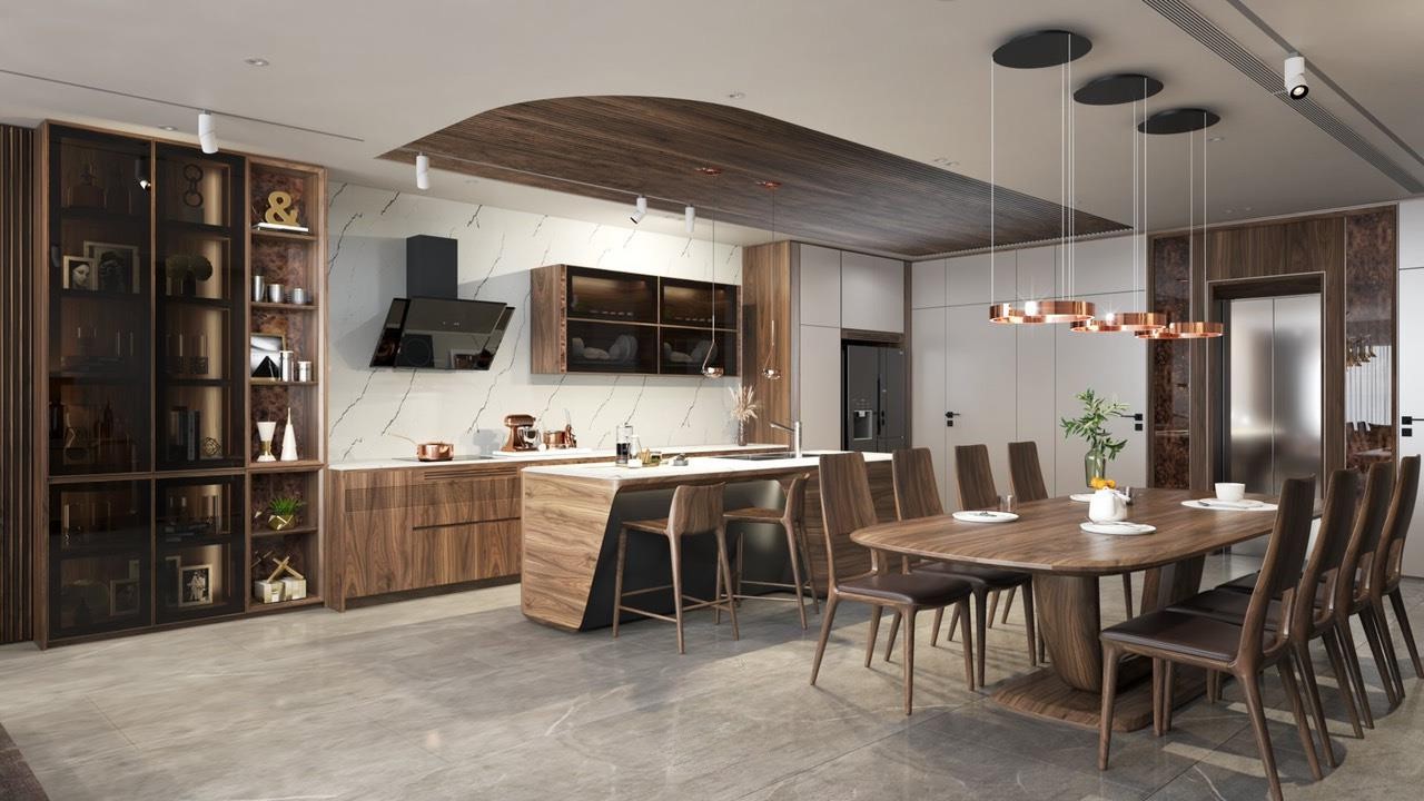 Thiết kế phòng bếp đẹp với bàn ăn gỗ óc chó 8 ghế và tủ bếp chữ I hiện đại