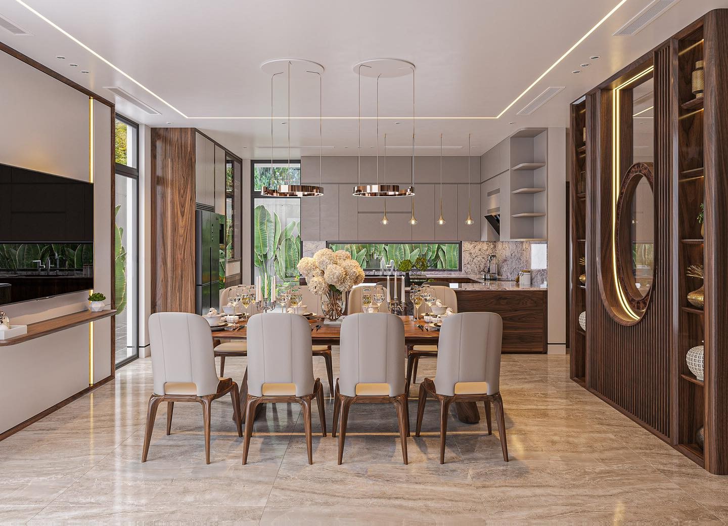 Thiết kế phòng bếp hiện đại với bàn ăn 8 ghế, tủ bếp chữ L và bàn đảo liền khối